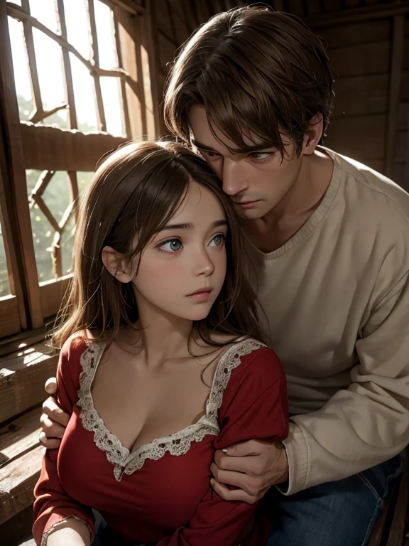 The poor man, huddled together with his wife, in a dimly lit room, their faces illuminated by the soft light of a lamp. The man's ragged face was etched with lines of worry, his clothes were tattered and tattered. (in an atmosphere of poverty) His wife, with kind (blue eyes and a smile long straight brown hair, perfect big breasts and split colth), reached out to comfort him, her hands revealing the intricate details of her worn, yet beautiful skin. They sit in silence, their bond unbroken by their (((in a dilapidated hut))) distress, their love evident in their expressions. The scene is a masterpiece of raw humanity, shot in the highest quality, with full attention to detail, a depiction of their life journey. Depth of field highlights the couple,