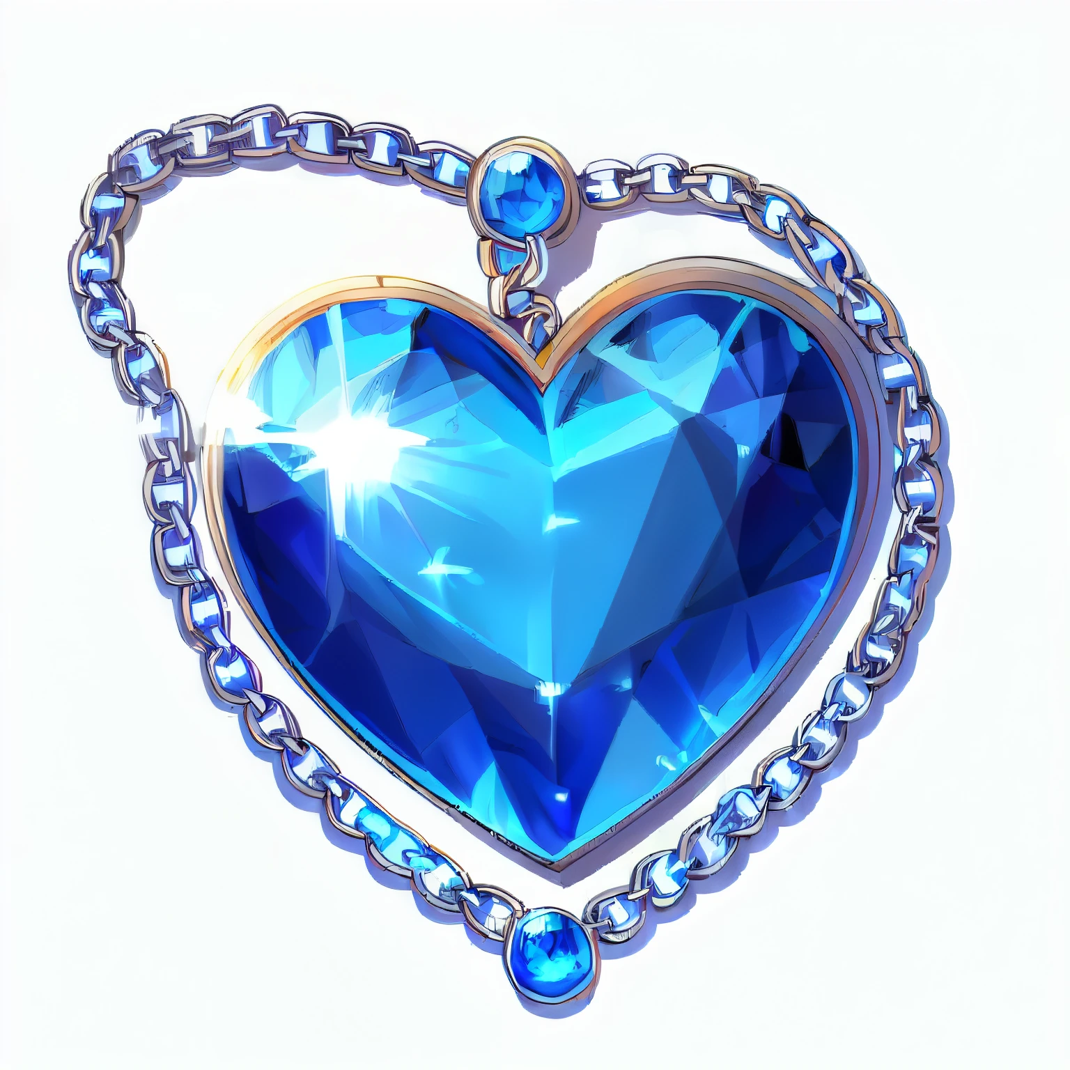 Heart Shaped Blue Gemstone Necklace，Game style icons，White background，Cartoon style design，Details，Silver chain with luminous effect，Fantasy elements，Metal Texture，Character focus，high resolution。
