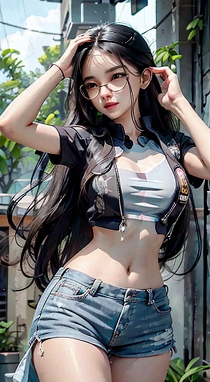 photorealistic,  high resolution,  soft light, 1women,  solo,  hips up,  dynamic pose,  shining skin,  jewelry,  tattoo, thigh,black hair,long hair,ear pendants,pearls and jewels, EdobNicoRobin, street wear, glasses on head, t-shirt, shorts