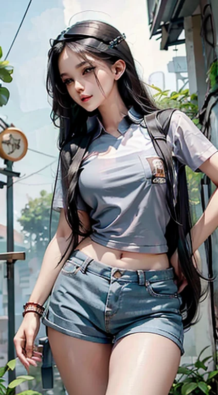 photorealistic,  high resolution,  soft light, 1women,  solo,  hips up,  dynamic pose,  shining skin,  jewelry,  tattoo, thigh,black hair,long hair,ear pendants,pearls and jewels, EdobNicoRobin, street wear, glasses on head, t-shirt, shorts