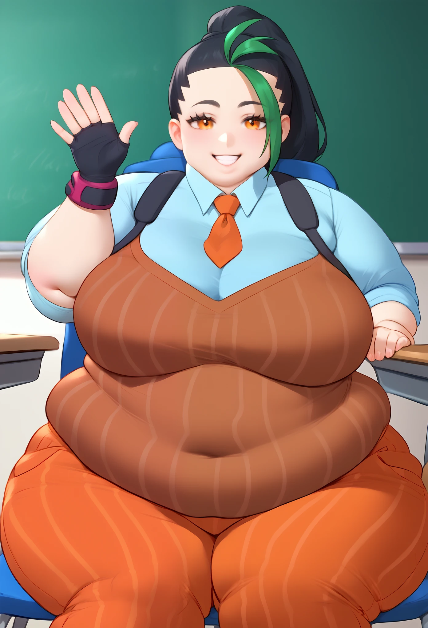 (masterpiece), (Best quality), (Very detailed), (high resolution), (8Khighres), (cel anime), (detailed beautiful face and eyes), (textile shading), (cowboy shot), (classroom), Nemona \(Pokemon\), black hair, green hair, orange eyes, dark skin, multicolored hair, two-tone hair, hair pulled back, collared shirt, fingerless gloves, orange shorts, orange tie, backpack, beautiful breasts, sitting, chair, happy, smile, waving, head rest, fat, chubby, obese