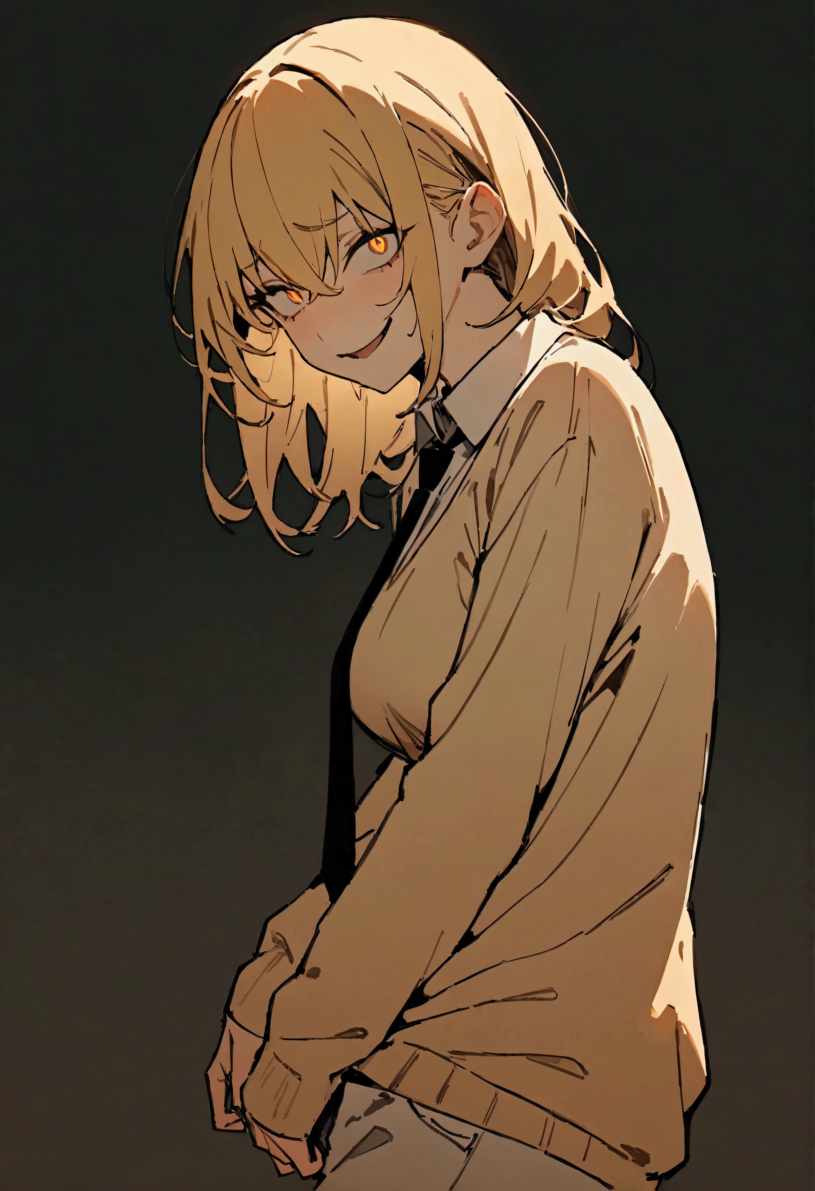 (masterpiece:1.2, The best quality), 1 woman, upper body, long sweater down to her buttocks, black tie, casual, medium breasts, golden hair, Minimalist makeup,pale,natural fabrics, close up of face, evil smile, heteroctomy eyes bright circular pupils,8k high resolution, detailed lines, (( full body)), Dark background ,