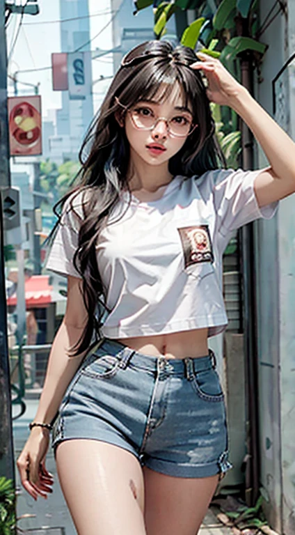 photorealistic,  high resolution,  soft light, 1women,  solo,  hips up,  dynamic pose,  shining skin,  jewelry,  tattoo, thigh,black hair,long hair,ear pendants,pearls and jewels, EdobNicoRobin, street wear, glasses on head, t-shirt, shorts