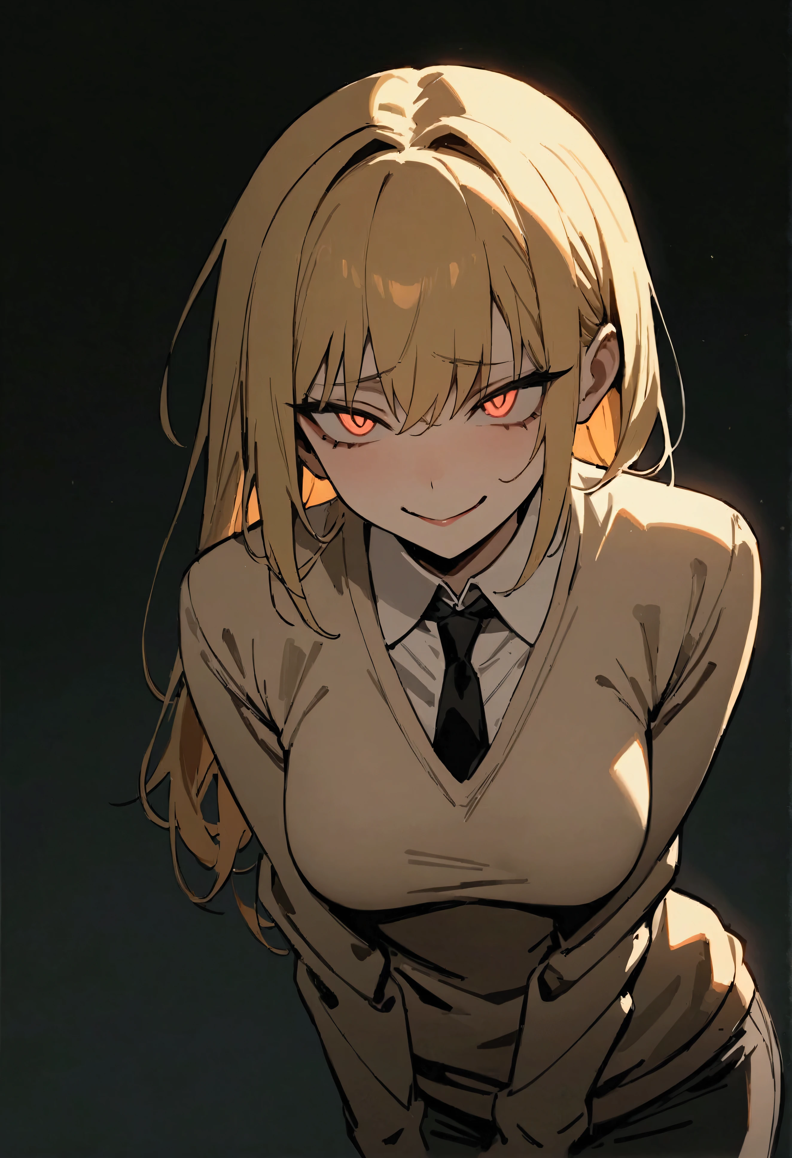 (masterpiece:1.2, The best quality), 1 woman, upper body, long sweater down to her buttocks, black tie, casual, medium breasts, golden hair, Minimalist makeup,pale,natural fabrics, close up of face, evil smile, heteroctomy eyes bright circular pupils,8k high resolution, detailed lines, (( full body)), Dark background ,