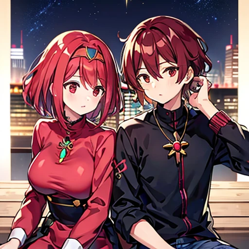 A girl with red eyes and bright hair, red blouse and shirts, green crystal on her chest, sitting next to a boy with short black hair on the lips, ojos marrones, lentes, red jacket with a night city behind them and shooting stars in the sky, kind eyes and true friendship between them, Pyra from Xenoblade Chronicles 2, one boy and one girl 