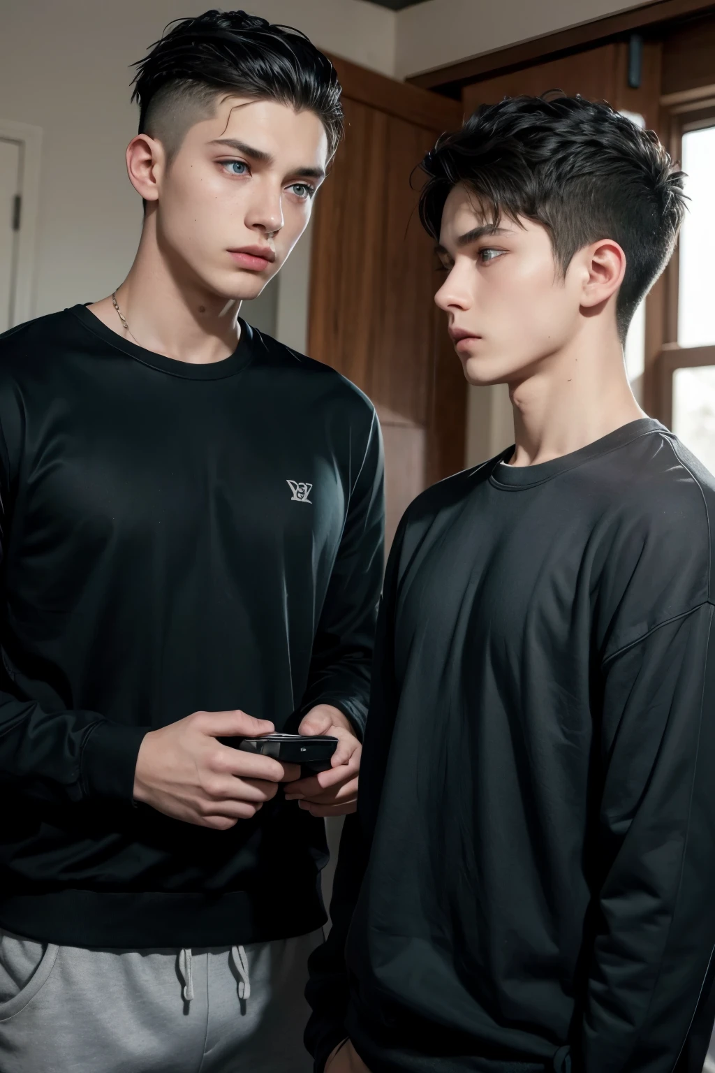 2 male, hugs ,smiling, beautiful man and cute boy ,two men, friend Masterpiece of man, Adult man with firm facial features like an Dutch, brown eyes, his nose is sharp, mature, brown eyes, neat short brown hair, very handsome, white, clean, smooth skin