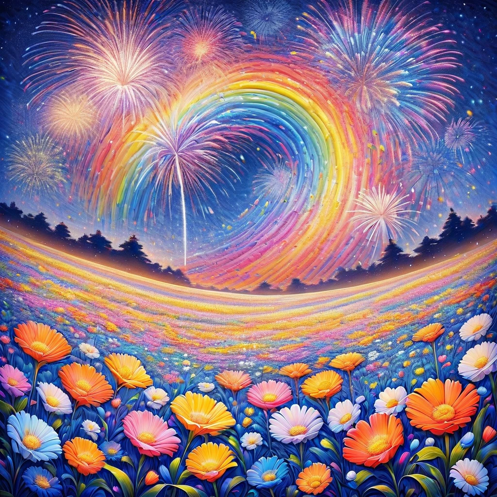 Field of flowers at night, fireworks made of flower petals, fireworks made of rainbow petals sparkling in a starry night, lots of pale flowers, acrylic art, colorful abstract art.