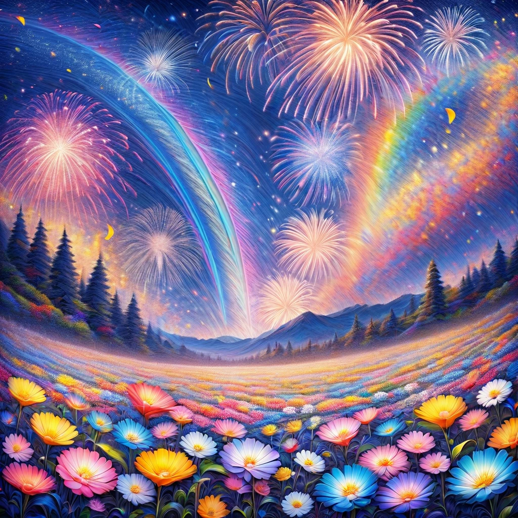 Field of flowers at night, fireworks made of flower petals, fireworks made of rainbow petals sparkling in a starry night, lots of pale flowers, acrylic art, colorful abstract art.