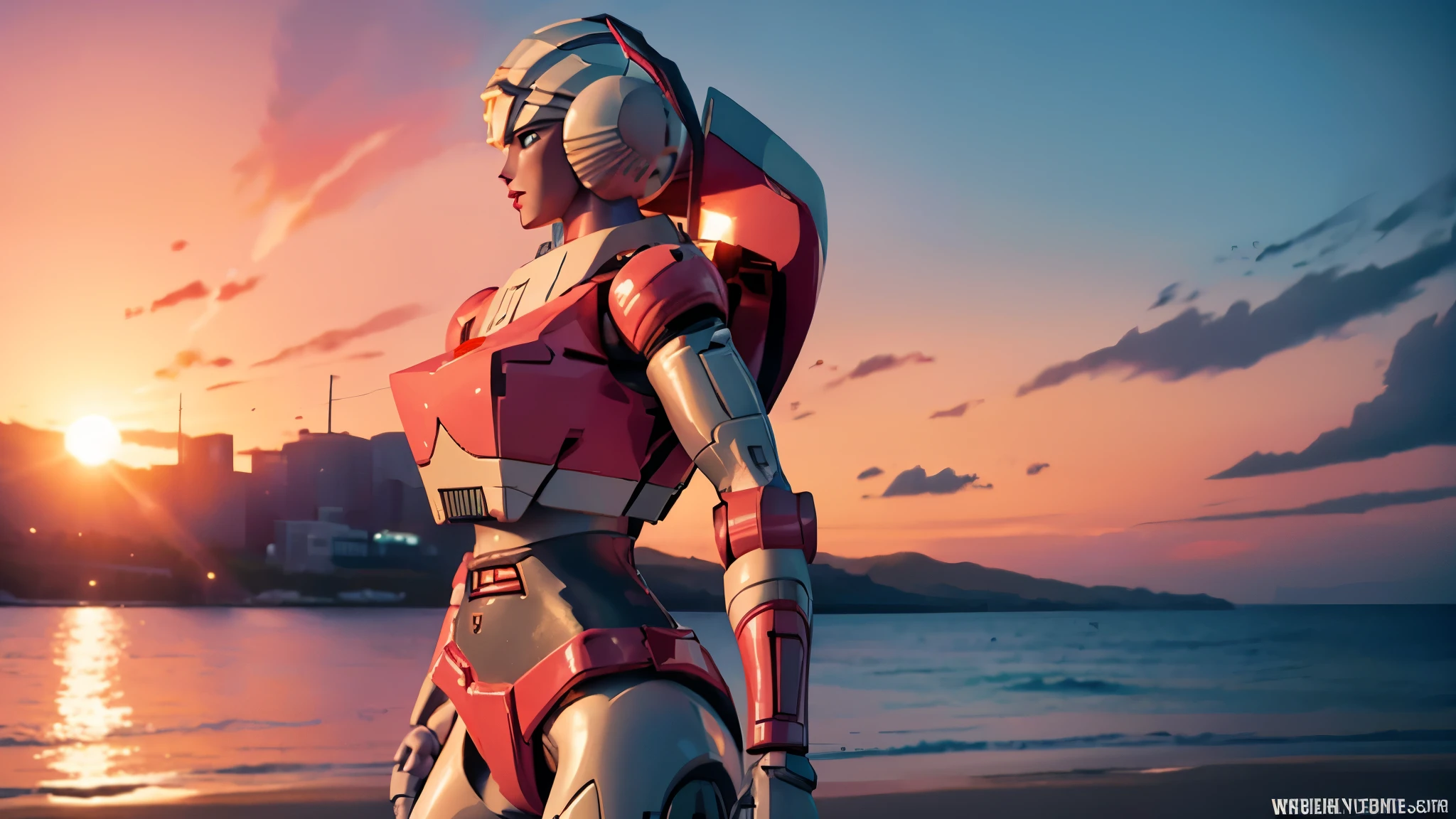 arcee_g1, robot, mecha, autobot, female, from side, beach, sunset