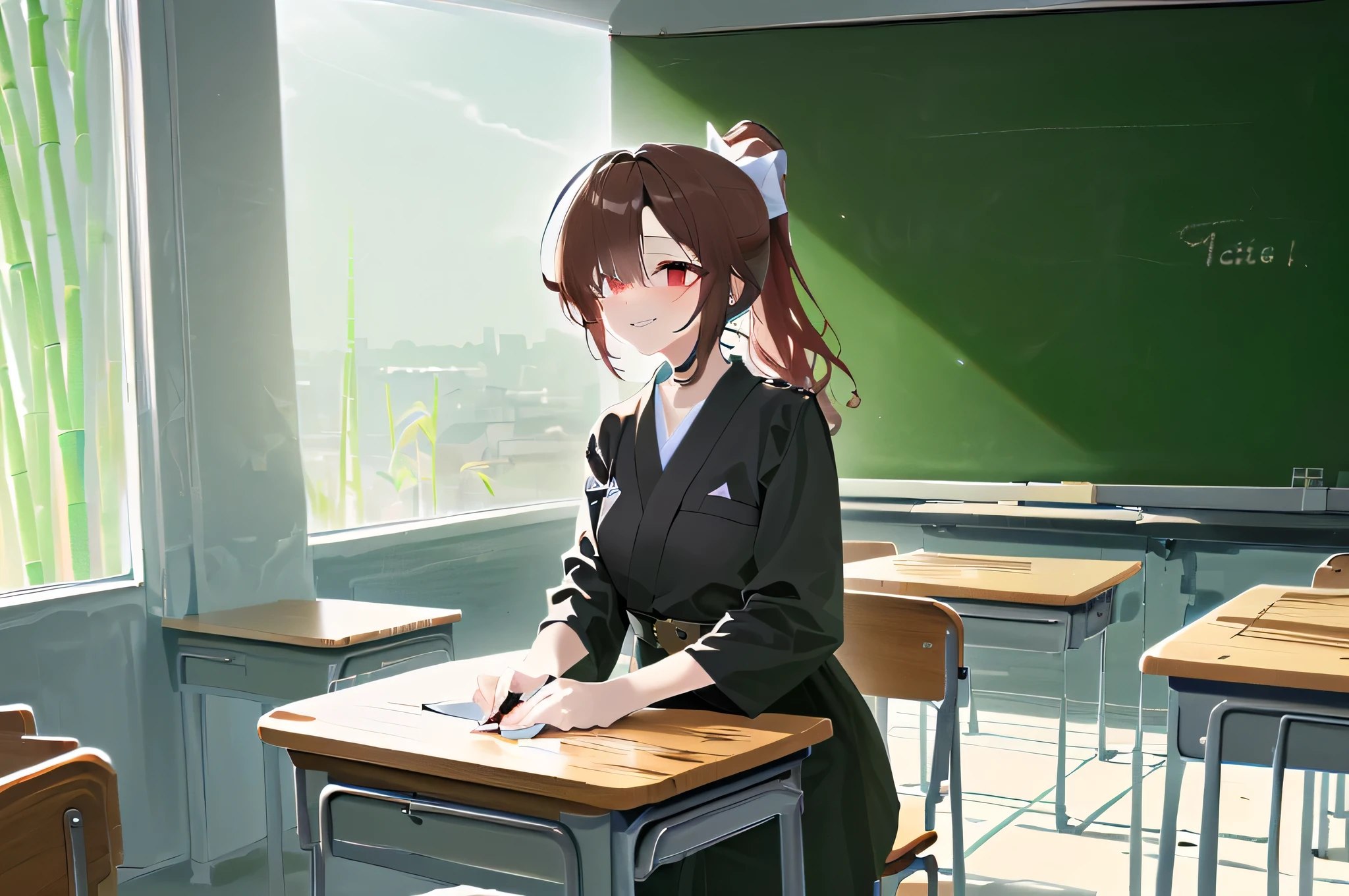 1girl, (Taken from a distance:1.5),(frontal:1.5),(sitting on a chair, Holding a bamboo sword:1.5),(tall figure, school, Kendo Club 도복, Black uniform, Kendo Club, Long plain gi, classroom, window, Lots of chairs and desks, blackboard, morning, window으로 들어오는 햇빛, azure, Beautiful shade, Lively:1.5), (morning, Sunshine:1.5), (Beautiful shade:1.5),(A well-made chest:1.5), (Dark red eyes:1.5), (hair over one eye, rustling and messy hair, A full ponytail, Dark red hair, Long hair with strong curls, The left eye is covered by hair, Ponytail that falls below the waist:1.5), (sneakers, flushing:1.5), (A mocking smile, malicious smile, A gloomy smile, Devilish smile, dead eyes, Eyes without pupils:1.5), (sunken waist:1.5), (Chubby legs and butt :1.3)
