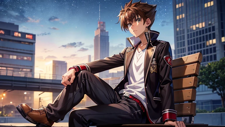 Brown haired teenage boy with spiky hair and bangs, school uniform, Hazel eyes dynamic expression, High quality, 4k masterpiece, night street background, red glove, seductive expression, muscular, sitting on a bench looking at the stars, bright eyes, Detailed shading, of anime, ((estilo of anime)) 