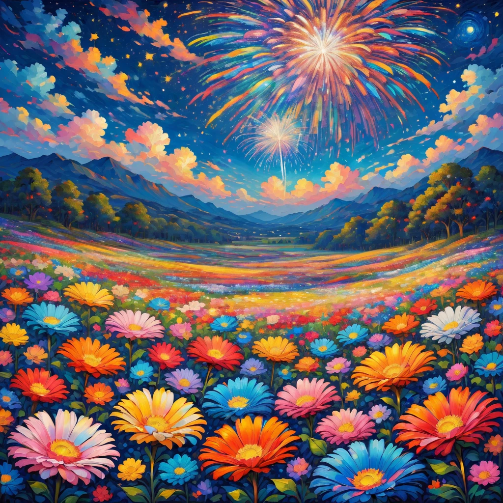 Field of flowers at night, fireworks made of flower petals, fireworks made of rainbow petals sparkling in a starry night, lots of pale flowers, acrylic art, colorful abstract art.