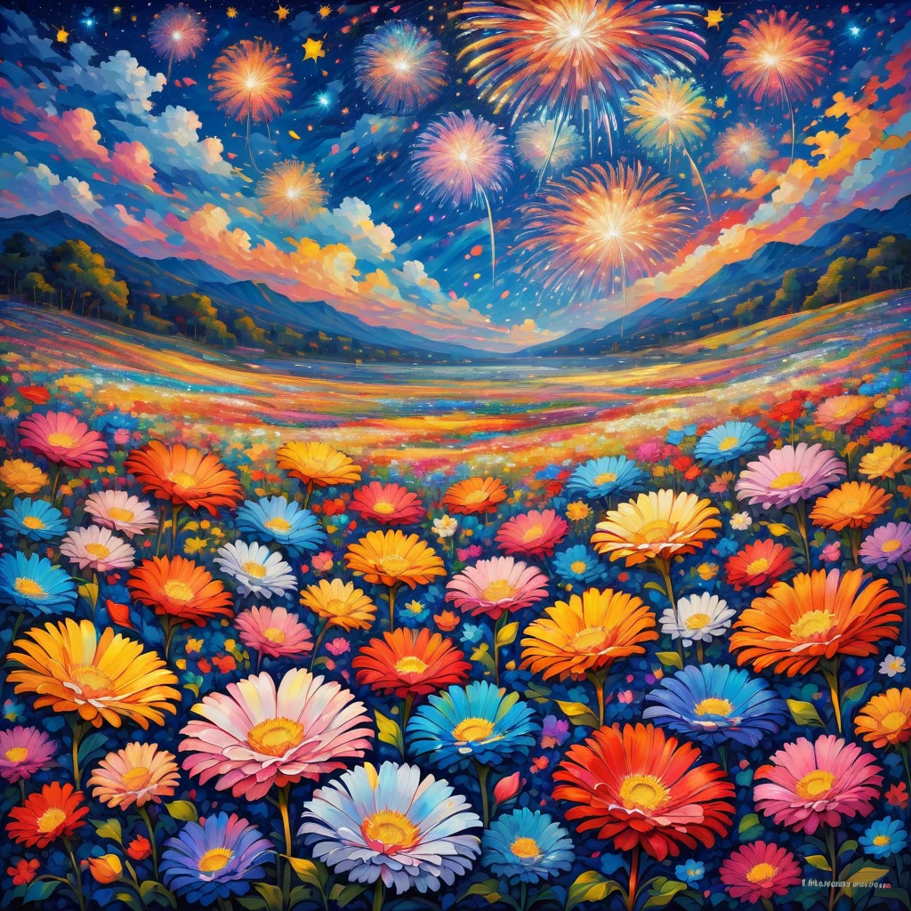 Field of flowers at night, fireworks made of flower petals, fireworks made of rainbow petals sparkling in a starry night, lots of pale flowers, acrylic art, colorful abstract art.