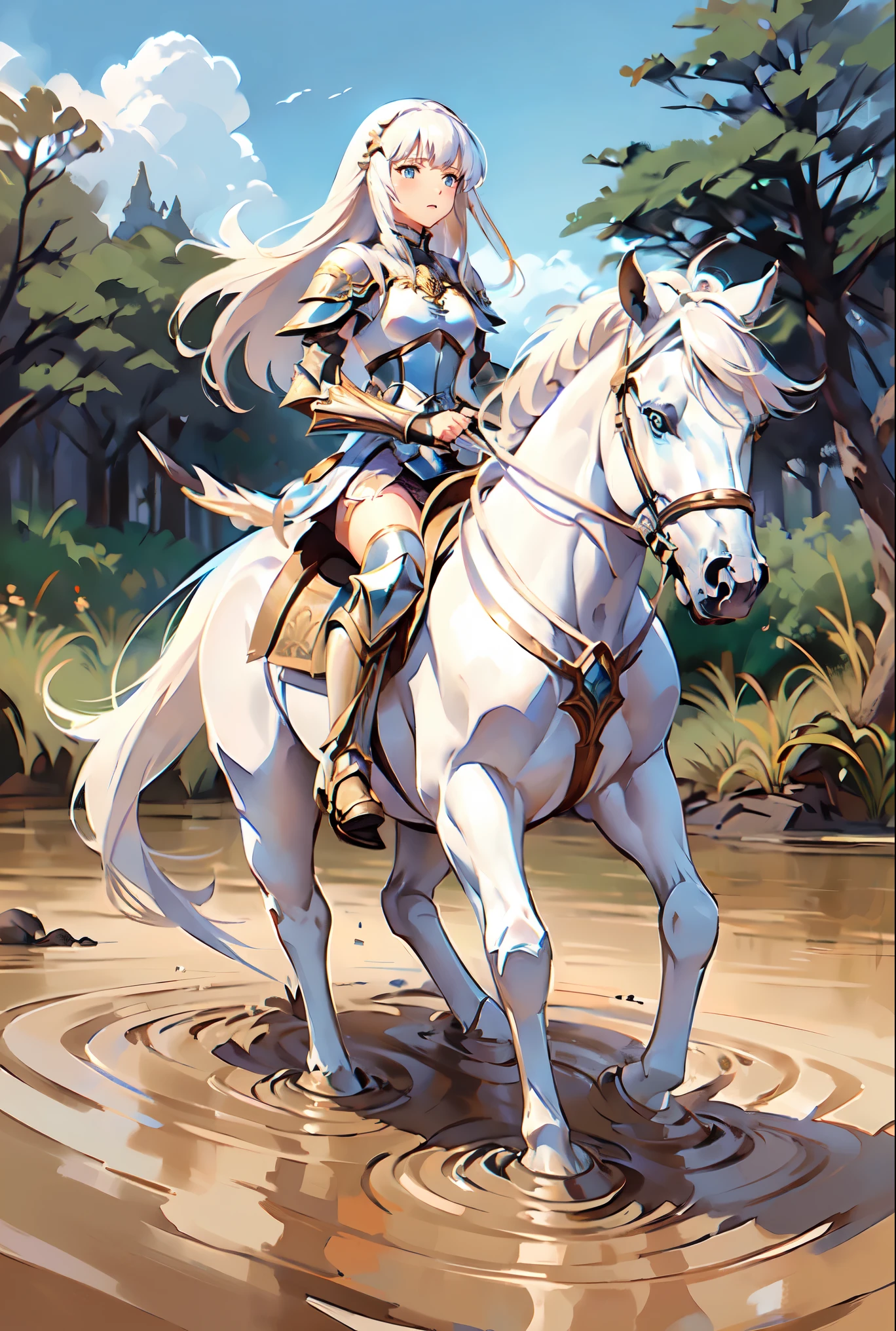 ((best quality)), ((anime masterpiece)), (high detailed), 8k, cinematic lighting, perfect face, a young female knight riding a HORSE, shocked face, (quicksand:1.2), (blue eyes, blunt bangs, long hair, {blonde hair}, medium breast), (white armor, silver shoulder pads, miniskirt, armored boots), ((white horse:1.2, {white mane}, white tail, saddle, reins, bridle, stirrups)), from side:1.2, FULL BODY, in the swamp, partially submerged, mud pit, (soaked with mud:1), solo, medieval fantasy settings, from side: 1.2, anatomically correct,