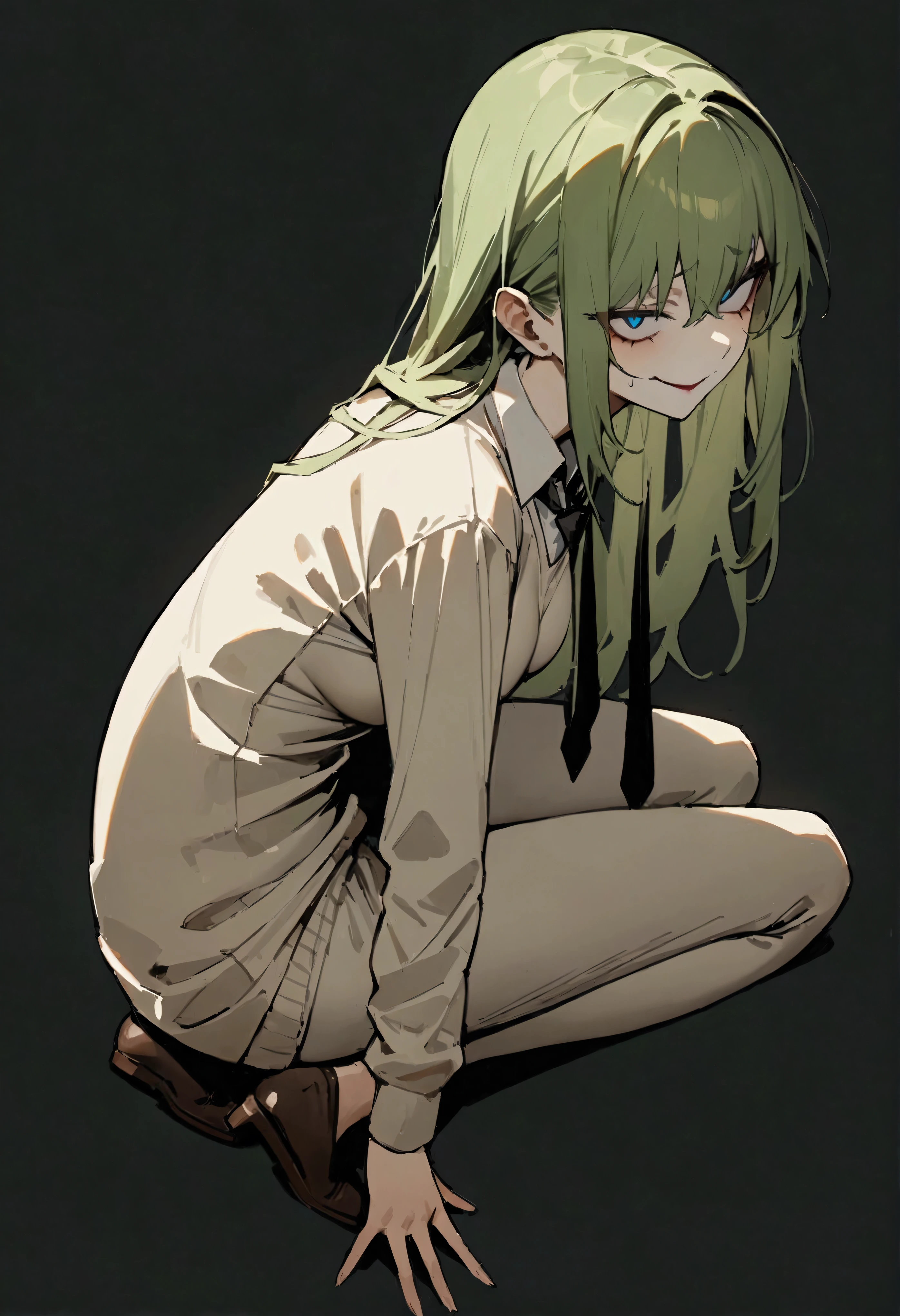 (masterpiece:1.2, The best quality), 1 woman, upper body, long sweater down to her buttocks, black tie, casual, medium breasts, Green hair, Minimalist makeup,pale,natural fabrics, close up of face, evil smile, heteroctomy eyes bright circular pupils,8k high resolution, detailed lines, (( full body)), Dark background ,