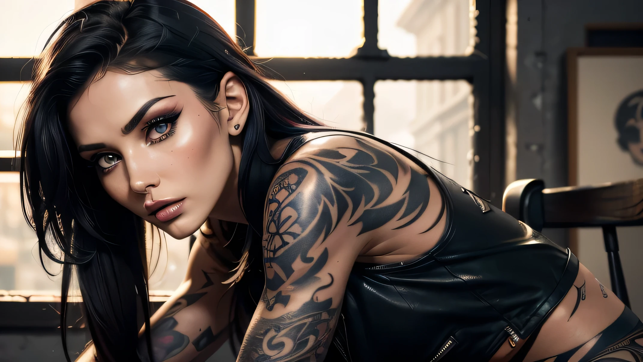 Create a hyper detailed photograph of a black ink tattoo muscular young sexy female deathknight, Stunningly perfect gorgeous feminine face, perfect makeup, detailed vibrant neon sapphire gray eyes, long hair, big beautiful muscular legs, big beautiful muscular arms, perfect body, muscular abs, detailed silky smooth skin, large natural perky breast, realistic nipples, round ass, completely naked, nudity, nsfw, view from back,