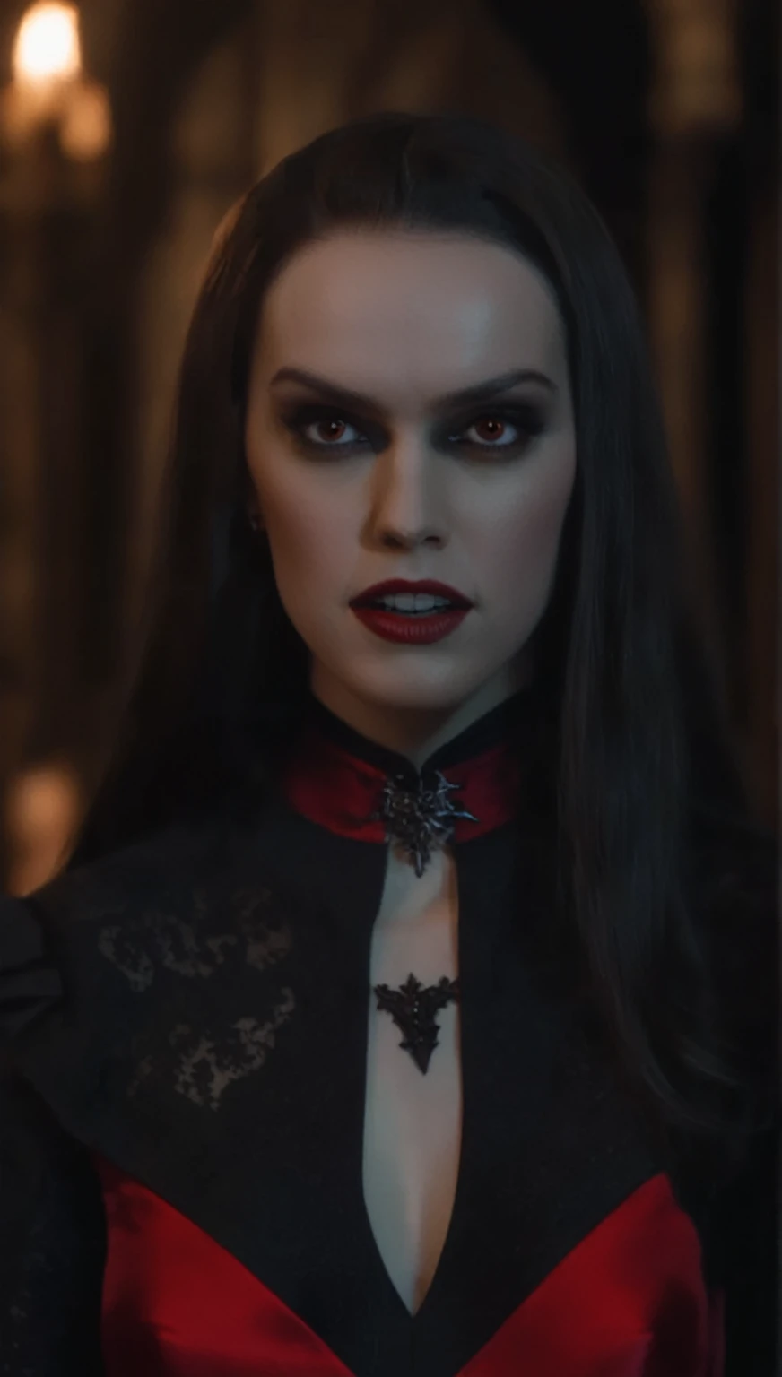 a meeting at a table with a clan of many aristocratic vampires in The mansion gothic vampire, with the actress Daisy Ridley in the main chair. With a biggest generous bust seductive female vampire wearing a tight, strapless red dress, with intricate black detailing. The dress is predominantly red and form-fitting, enhancing her curves. Black, sheer, transparent sleeves extend into gloves, adding a gothic elegance. The Giant bust area features a black detail that resembles a bra, and above her generous cleavage, there's a black, transparent triangle of fabric, connecting to a sleek black choker around her neck. This choker links to the black sheer sleeves, forming a cohesive design. The deep, plunging neckline accentuates her voluptuous figure, with the red fabric accentuates her sensuality, and the black details adding a gothic flair. Set in a dark, mysterious gothic castle or haunted mansion, with soft, cinematic lighting that highlights every texture and shadow of her outfit, Ultra-realistic, highly detailed, with a focus on the contrast of the bold red dress and the sheer black elements . 4K resolution, gothic atmosphere, dramatic and elegant