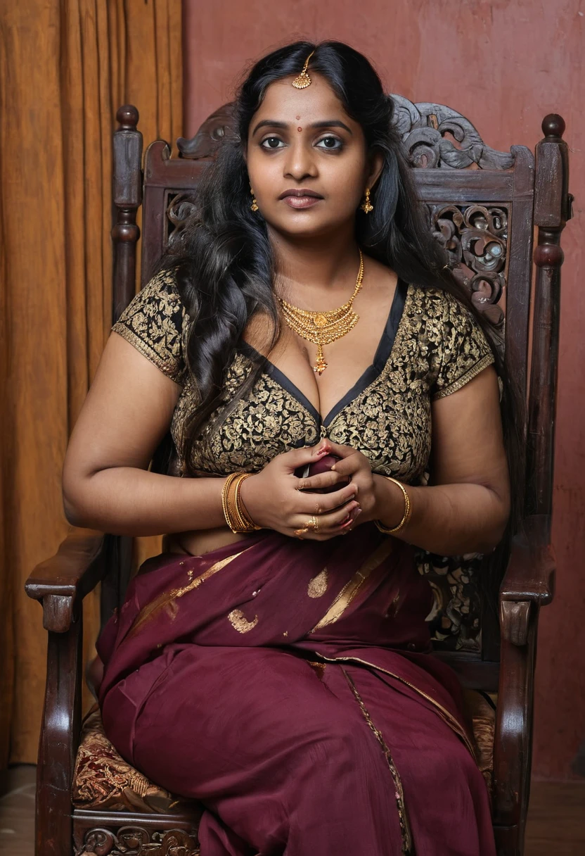 A photo of a indian woman of 45 yo bending onto her elbows from behind a vintage chair and her long hair faowing on to the chair, her lockets are hanging down, her chest is deep level cleavage,, dark skin, south indian, traditional, busty, plus sized, with long black hair, seated elegantly on a vintage-style chair. She wears a deep black blouse with a maroon saree , long locket, braid on front, golden ornaments, Afternoon, closeup