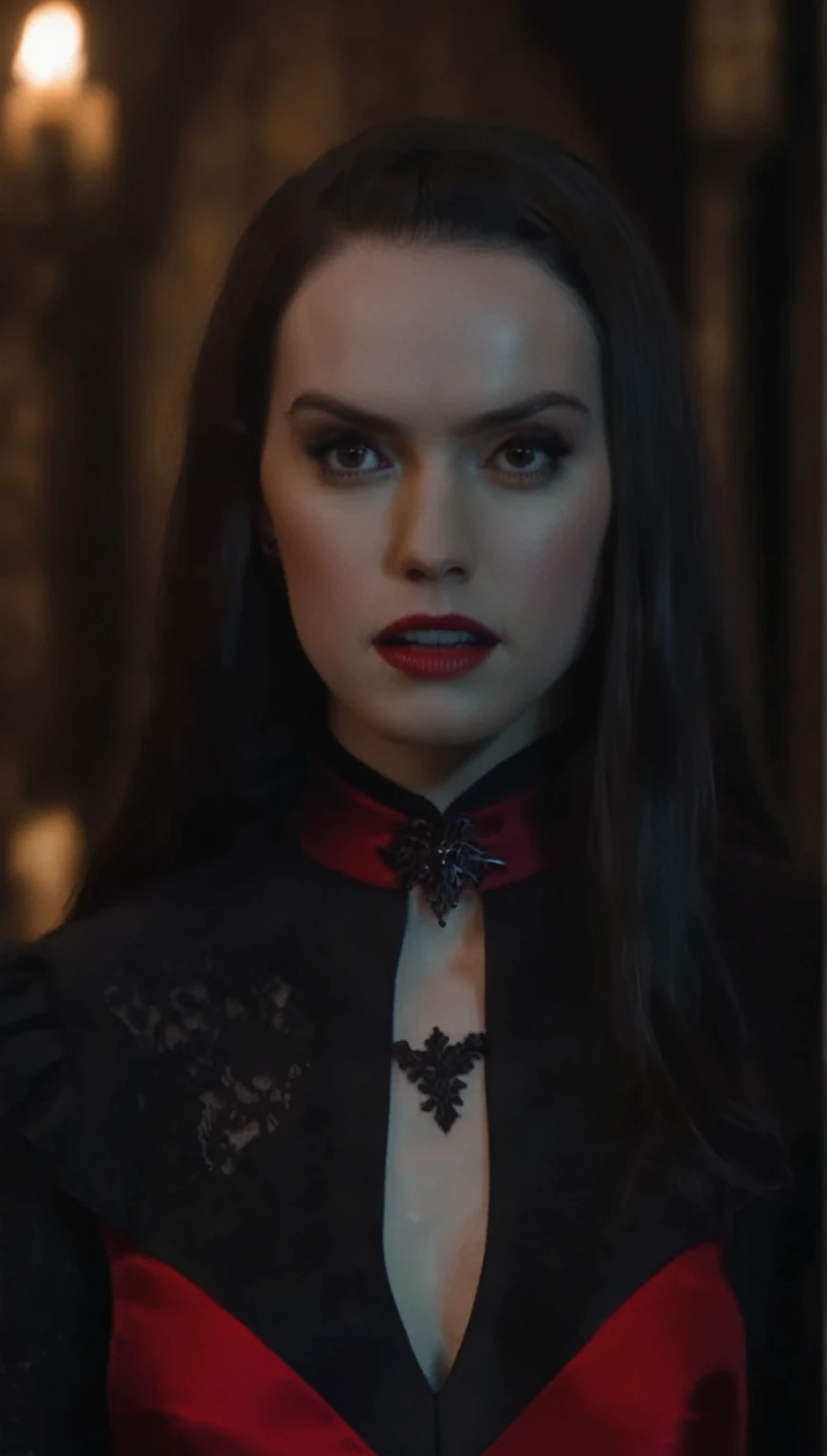 a meeting at a table with a clan of many aristocratic vampires in The mansion gothic vampire, with the actress Daisy Ridley in the main chair. With a biggest generous bust seductive female vampire wearing a tight, strapless red dress, with intricate black detailing. The dress is predominantly red and form-fitting, enhancing her curves. Black, sheer, transparent sleeves extend into gloves, adding a gothic elegance. The Giant bust area features a black detail that resembles a bra, and above her generous cleavage, there's a black, transparent triangle of fabric, connecting to a sleek black choker around her neck. This choker links to the black sheer sleeves, forming a cohesive design. The deep, plunging neckline accentuates her voluptuous figure, with the red fabric accentuates her sensuality, and the black details adding a gothic flair. Set in a dark, mysterious gothic castle or haunted mansion, with soft, cinematic lighting that highlights every texture and shadow of her outfit, Ultra-realistic, highly detailed, with a focus on the contrast of the bold red dress and the sheer black elements . 4K resolution, gothic atmosphere, dramatic and elegant