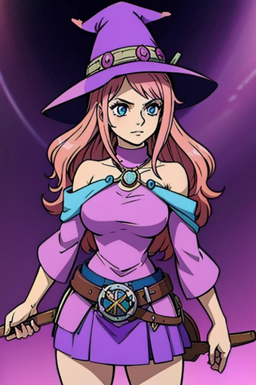 blue mage outfit, blue clothes, gbaportrait,1girl,solo,angela, orange hair, purple eyes,(curly hair),upper body,blue witch hat, green background,blue vest cleavage, bare shoulders,(best quality, masterpiece) <lora:cocoangela_v1:1> <lora:sexymageoutfit_v1:0.8> <lora:gbaportrait:0.7>