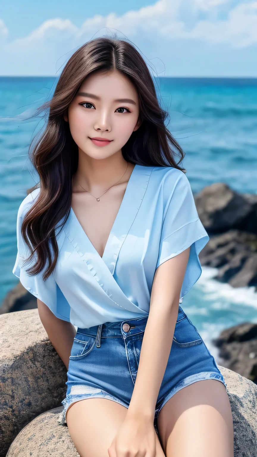 masutepiece, Best Quality, Illustration, Ultra-detailed, finely detail, hight resolution, 8K Wallpaper, Perfect dynamic composition, Beautiful detailed eyes, Women's Fashion Summer, summer date outfit, 20 years girl、Cute、Sexy shot looking at camera, smile with teeth,