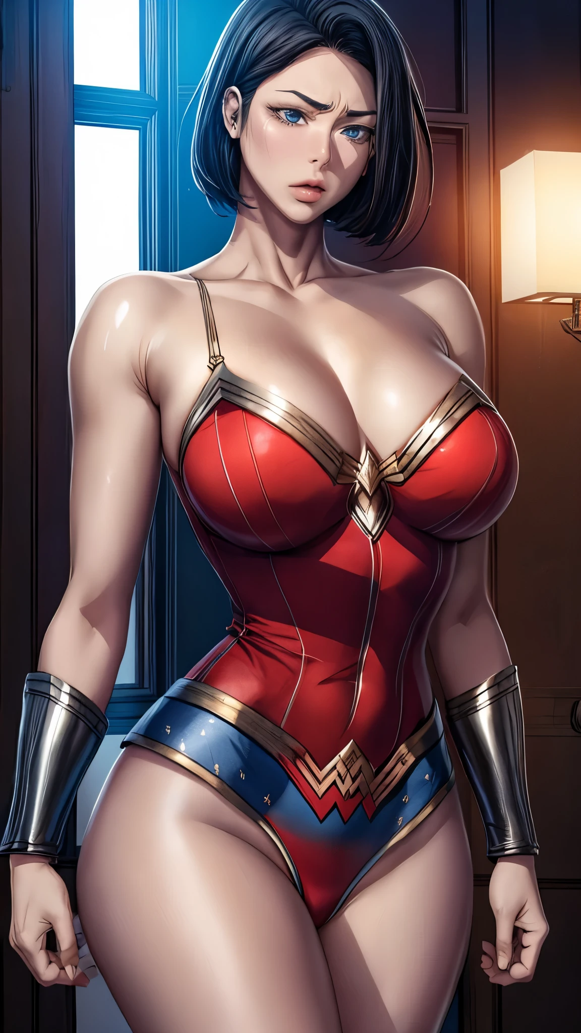 ((best quality,nsfw, volumetric lighting)),  close a beautiful young woman of 18s (wonder woman ( gal gadot),long, wavy black hair ,blushing, Embarrassed face, big-huge breasts) ,((nude))