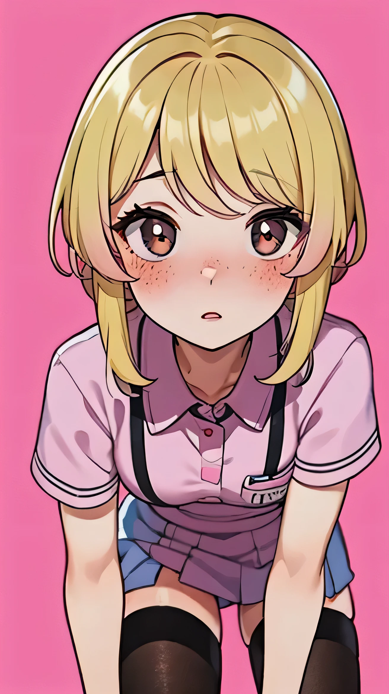 1 very young japanese girl, pink hair, blonde hair, freckled face, length hair, blushing, Shy, Red lips, pale face, close up shot, Sweet, femboy, ((tiny breasts)), ((best quality)), ((masterpiece)), (detailed), vintage, elegant, chic, sophisticated, big expressive eyes, ulzzang, high school girl、Slender、Slender body、asian high school girl, solid pink background, heavy blushing, submissive, sexy pose, nurse uniform, slender legs, thigh highs, skinny