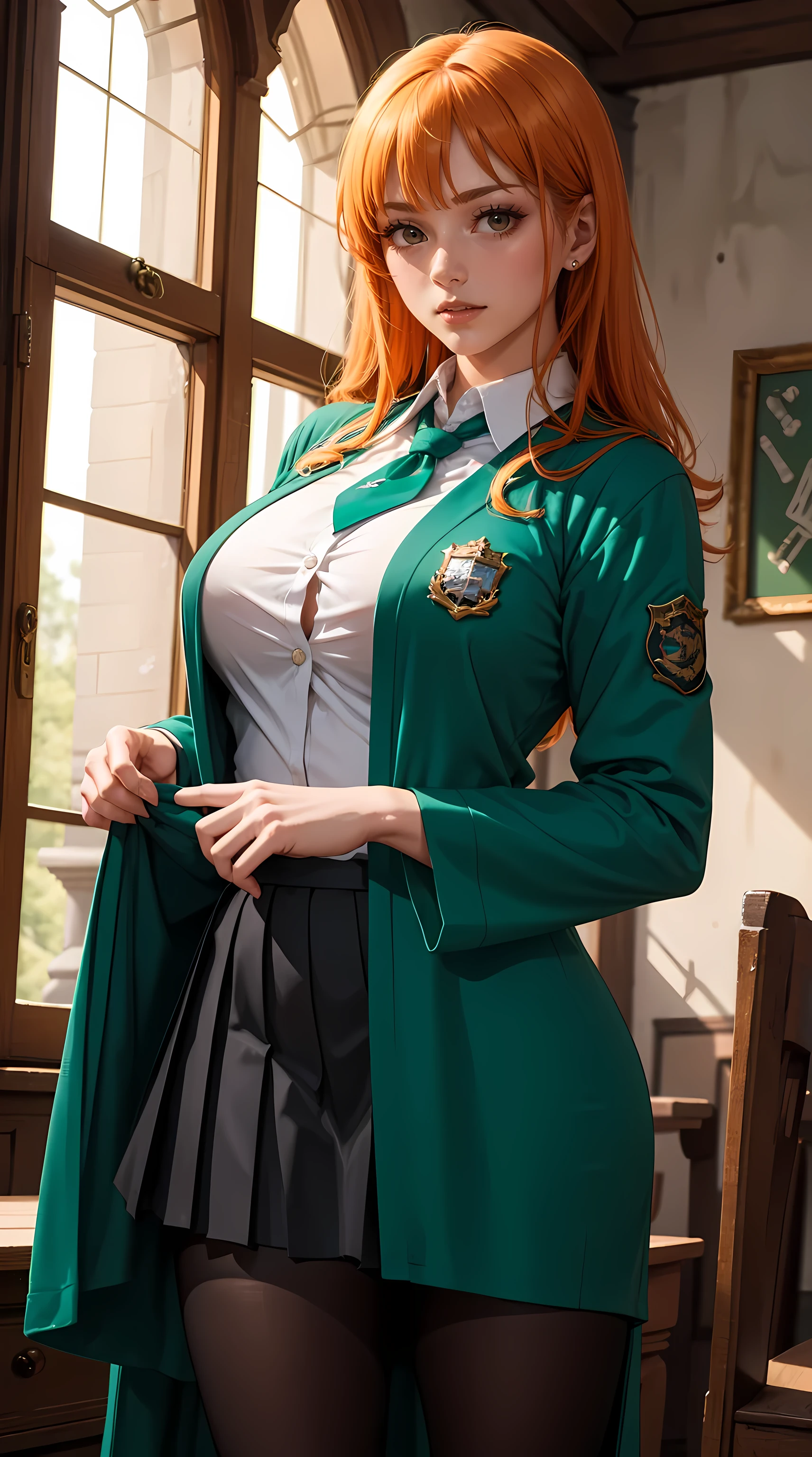 Beautiful orange hair woman is shown to have a sexy figure, She is wearing Hogwarts green witch robes, green robes, jewelry, British green school uniforms under robes, school vest and tie, school skirt, pantyhose, she has orange eyes,Girl is standing in front of castle , sexy session, posing, cowboy shot, superior quality, many details, realistic