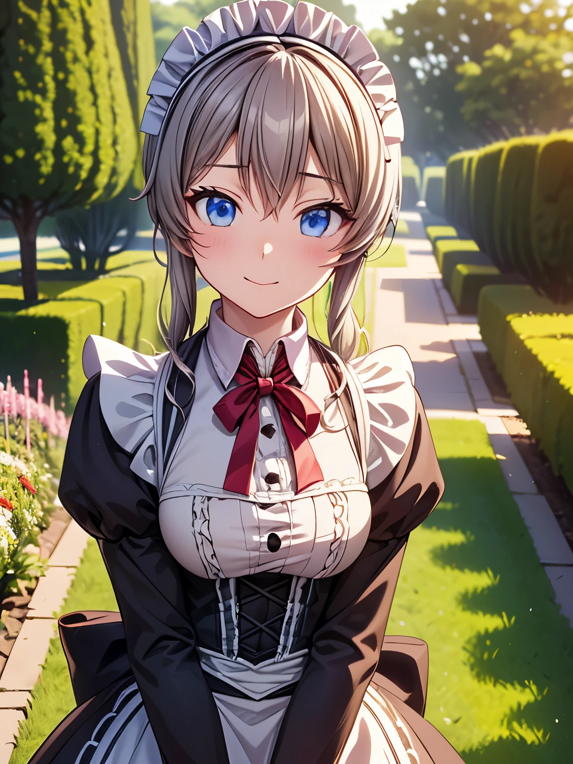 Best Quality, Very high quality,Tomori,One Girl、(Anime illustration style:1.2),garden、garden、(Victorian maid outfit:1.5)、8K images、Genuine、Absolute reference to center、Closed Mouth、smile、(blush、Embarrassed)、Very fine grain、Highly detailed face、Highly detailed eyes,Cowboy Shot, (Genuine, photograph、Realistic:1.2)、