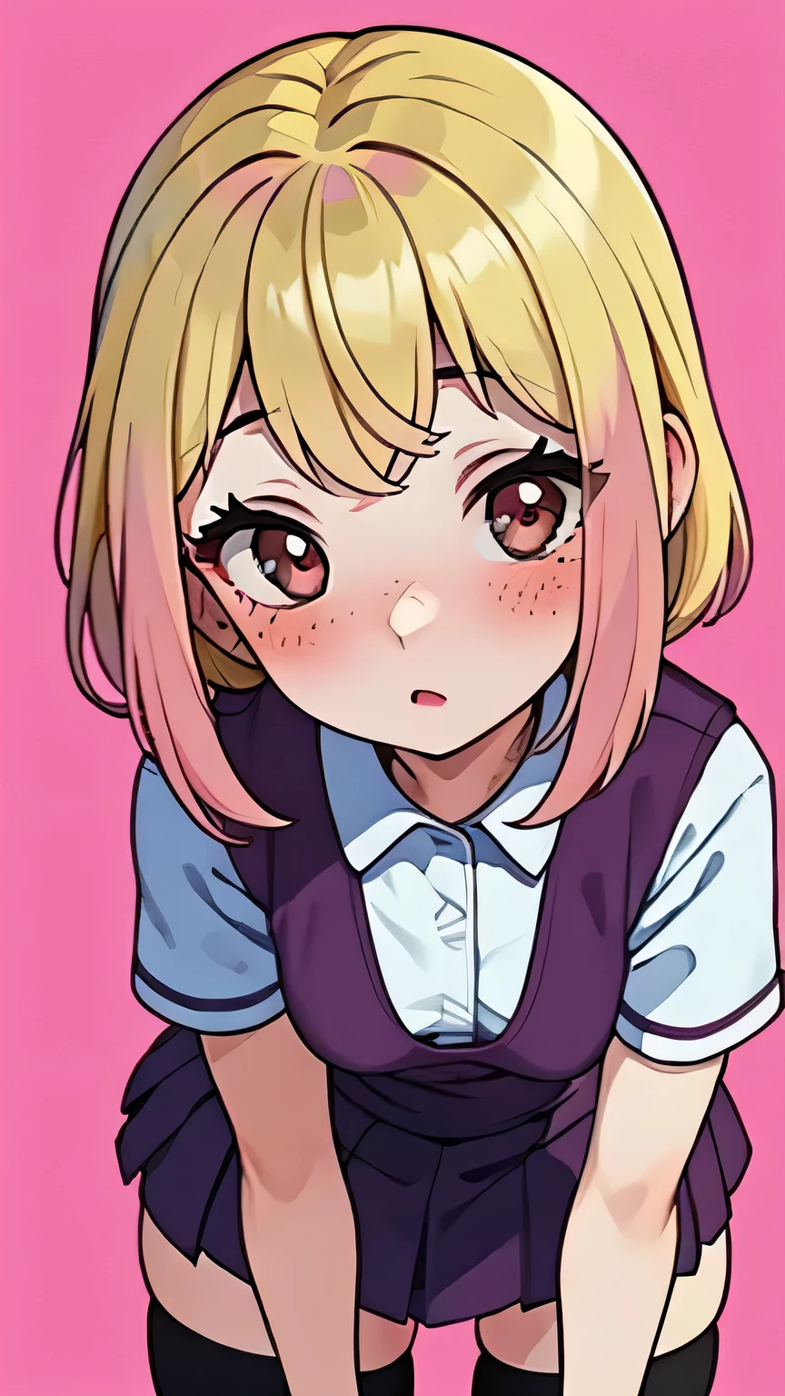 1 very young japanese girl, pink hair, blonde hair, freckled face, length hair, blushing, Shy, Red lips, pale face, close up shot, Sweet, femboy, ((tiny breasts)), ((best quality)), ((masterpiece)), (detailed), vintage, elegant, chic, sophisticated, big expressive eyes, ulzzang, high school girl、Slender、Slender body、asian high school girl, solid pink background, heavy blushing, submissive, sexy pose, nurse uniform, slender legs, thigh highs, skinny