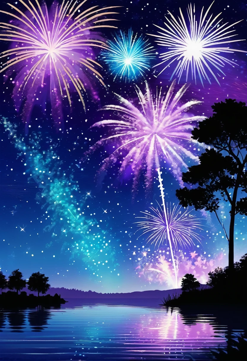 lake, Night Sky, Fireworks reflected on the water, Quiet landscape, tree々Silhouette of, Purple and blue fireworks, Starlight, Summer Night, Children&#39;s drawings, crayon