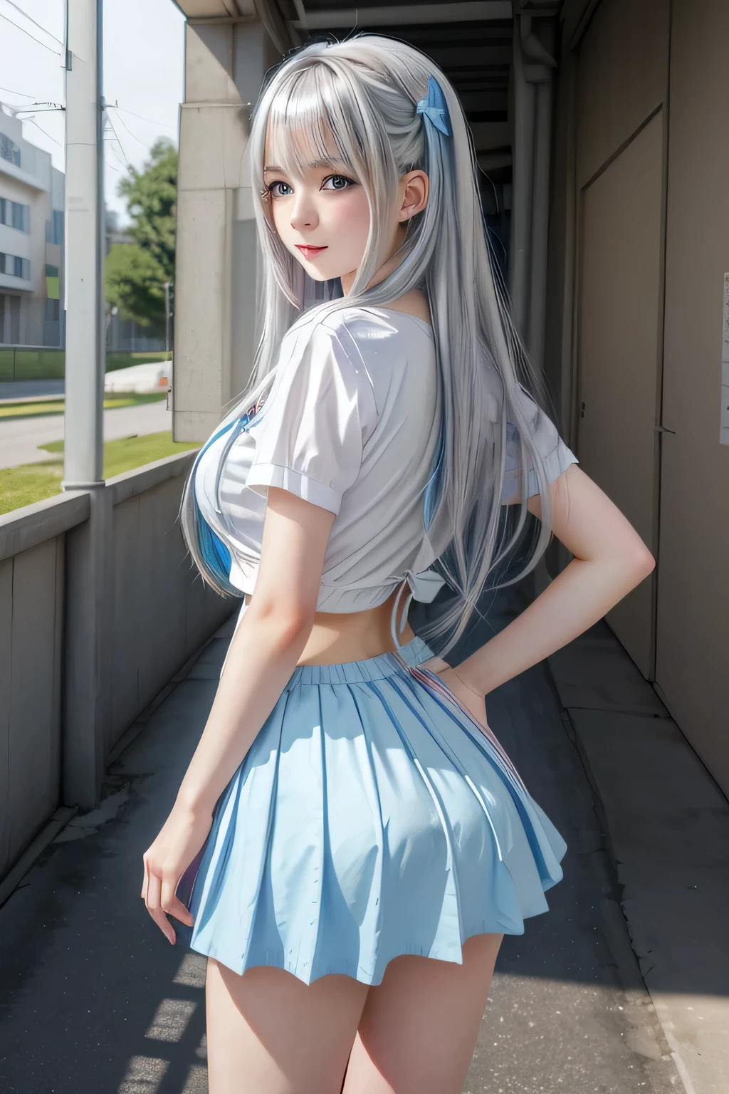 Highly detailed CG unity 8k wallpaper, Top quality, super detailed, masterpiece, lifelike, Photorealistic, 一个非常细致的可爱girl, 10岁的girl, 年幼的girl:1.2，Cute face，light blue hair，Random hairstyle, Long hair and waist,， Facing forward, Spread your legs,White transparent dress (Skirt lift), skirt lift by yourself,none痕透明裙， none, Crotch focus,Lace suspenders，Stockings strangle，Slim waist，big ass， Blushing face, parted lips, looking at the audience, low angle of view，Open-cut top, (Crowded city), Dull bangs, Small, (detailed female pubic shape clearly visible: 1.4), girl，Full body image，one person