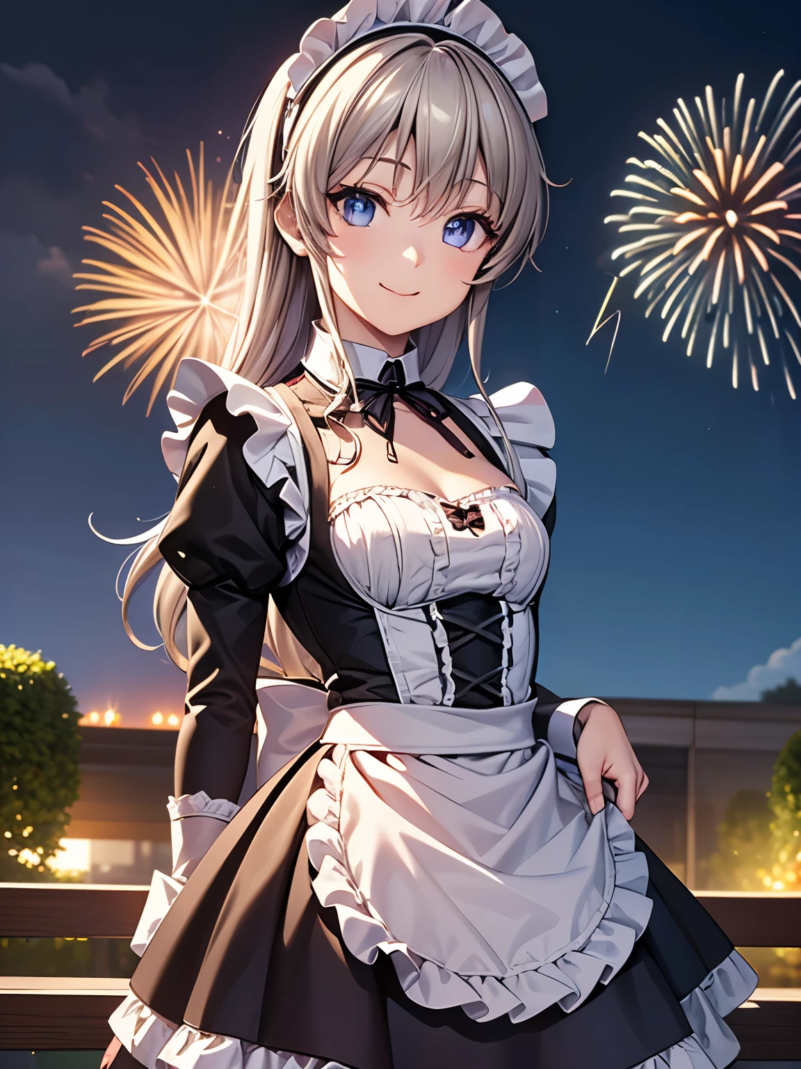 Best Quality, Very high quality,Tomori,One Girl、(Anime illustration style:1.2),night、night空、(空にfirework:1.2)、firework、garden、garden、(Victorian maid outfit:1.5)、8K images、Genuine、Absolute reference to center、Closed Mouth、smile、Very fine grain、Highly detailed face、Highly detailed eyes,Cowboy Shot, (Genuine, photograph、Realistic:1.2)、