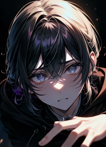 absurdres, highres, ultra detailed, HDR, master piece, best quality, Blade, black long hair, heterochromia, left eye red, right eye yellow, solo, ung boy, cute, black kimono, magical forest, blue fireflies, Honkai star rail, sad expression, crying, tears, extremely detailed face and eyes