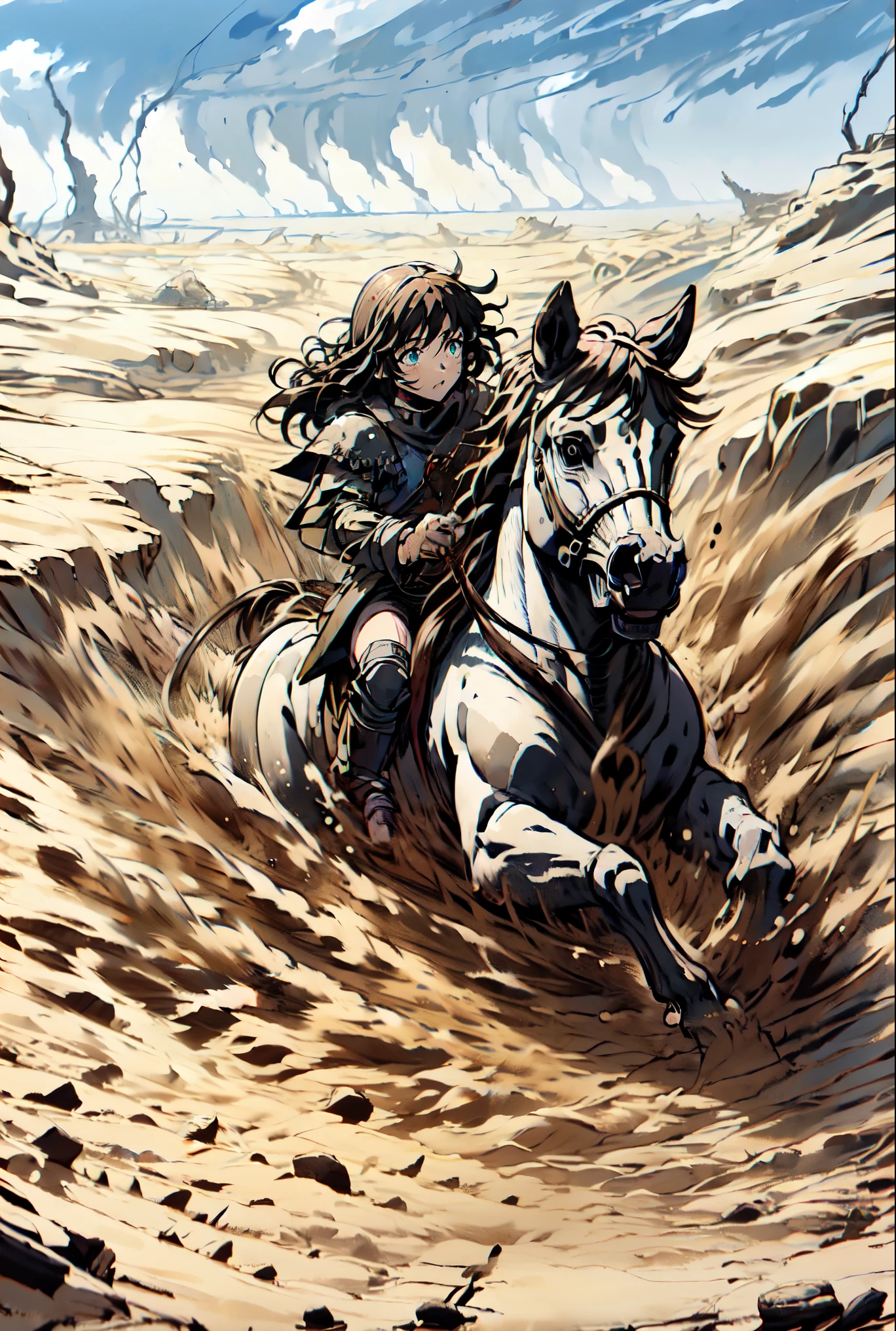 ((best quality)), ((anime masterpiece)), (high detailed), 8k, cinematic lighting, perfect face, a young female knight riding a HORSE, shocked face, (quicksand:1.2), (blue eyes, blunt bangs, long hair, {blonde hair}, medium breast), (white armor, silver shoulder pads, miniskirt, armored boots), ((white horse:1.2, {white mane}, white tail, saddle, blanket, reins, bridle, stirrups)), from side:1.2, FULL BODY, in the swamp, partially submerged, (((submerged in mud))), (soaked with mud:1), solo, medieval fantasy settings, from side: 1.2, anatomically correct,