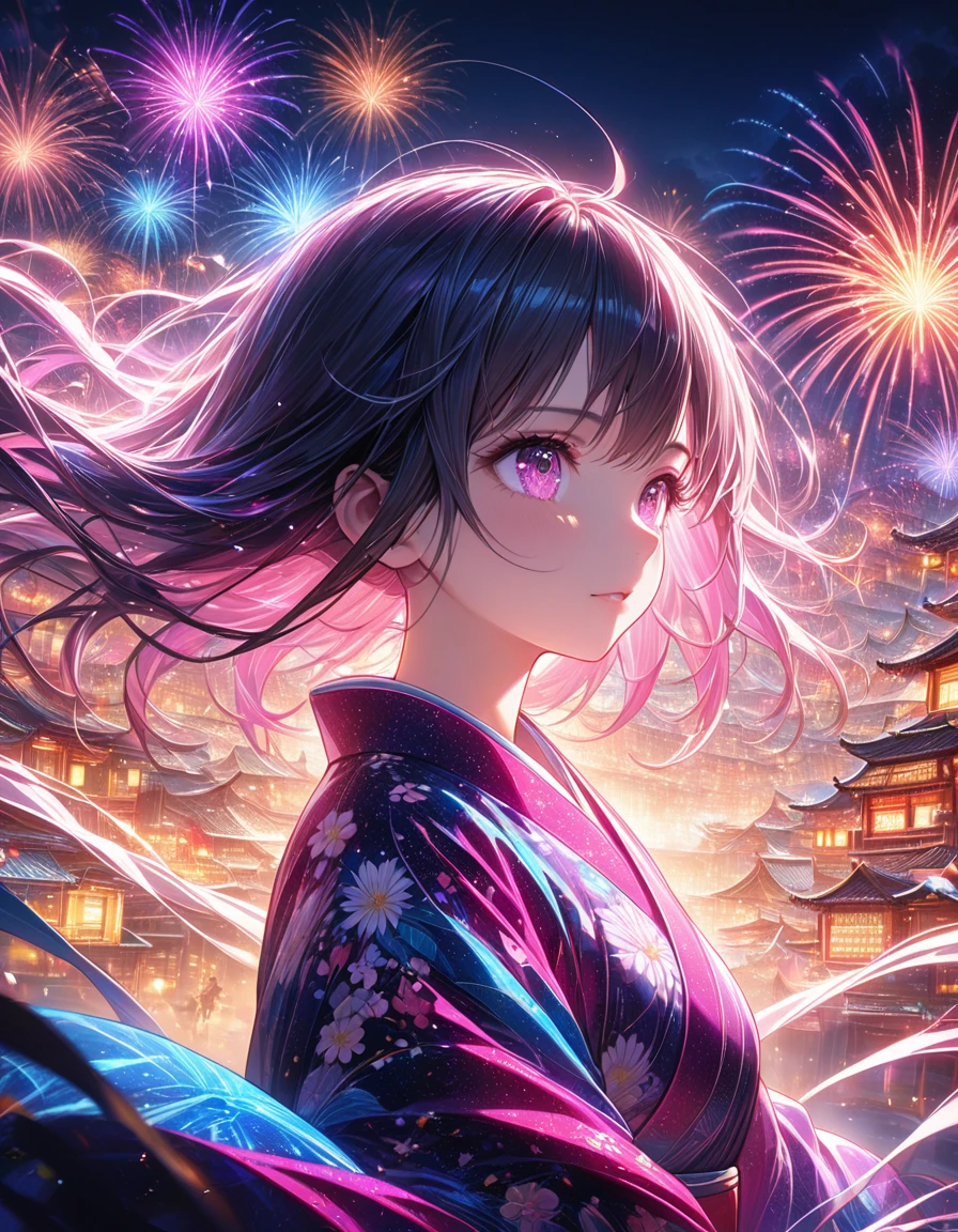 1girl, alone、屋形船の中で女の子がfireworkを眺めています、Fantastic scenery、(looking away)、(firework), (festival) (Pink floral print kimono)、a fantastical world unfolds, bright and glittering, spectacular explosions, grand and mesmerizing, illuminating the darkness, vivid and vibrant colors, light displays, dazzling patterns, mesmerizing and fantastic, inverted image, high quality, (16K resolution), ((super detailed)) ((Artwork by)), ultra realistic, lights, dynamic lines, oc rendering