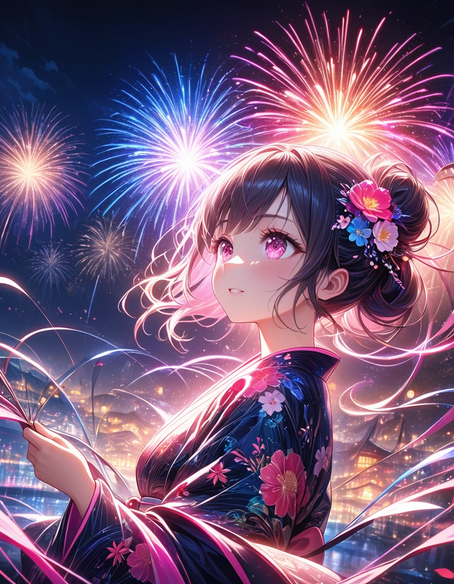 1girl, alone、屋形船の中で***がfireworkを眺めています、Fantastic scenery、(looking away)、(firework), (festival) (Pink floral print kimono)、a fantastical world unfolds, bright and glittering, spectacular explosions, grand and mesmerizing, illuminating the darkness, vivid and vibrant colors, light displays, dazzling patterns, mesmerizing and fantastic, inverted image, high quality, (16K resolution), ((super detailed)) ((Artwork by)), ultra realistic, lights, dynamic lines, oc rendering