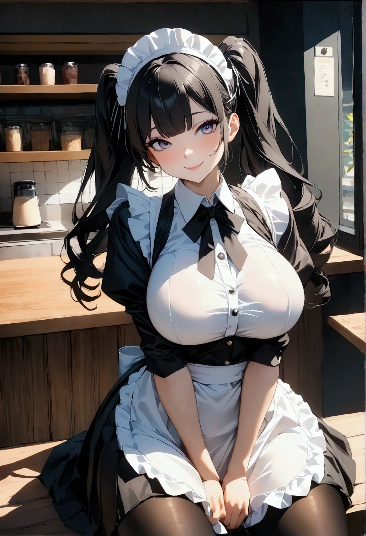 1girl, black girl with wavy black hair, big tits, maid outfit, holding tray of food in her hand, contagious pose, sweet smile, beatiful eyes, beautiful skin, beautiful girl, black skin, dark tanned skin  