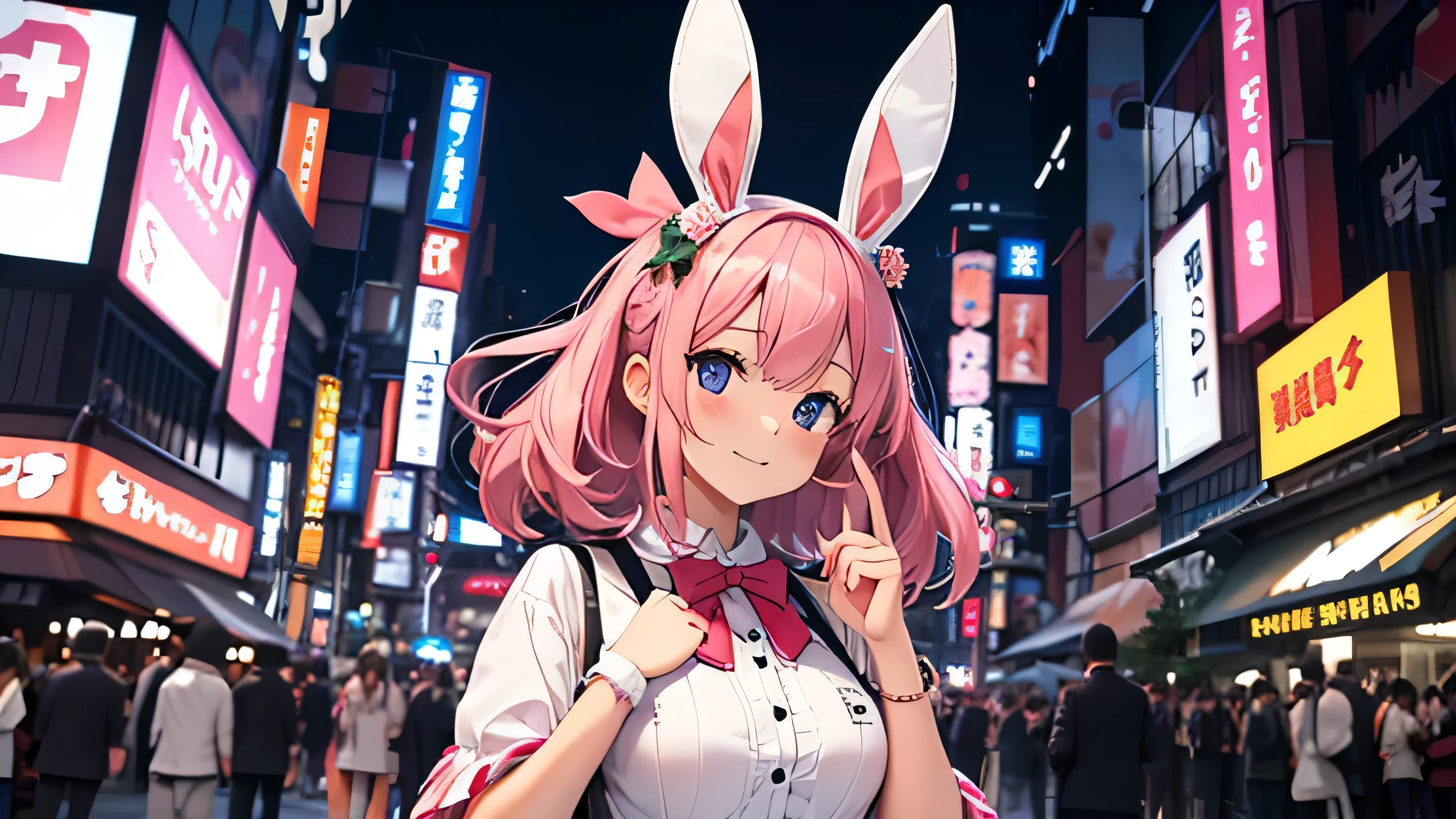 (Solo girl around 20 years old), (Pink Bob Hair), blue eyes, Bunny ears, Happy, From behind、ピンクの背景にピンクの髪とblue eyesを持つアニメの女の子