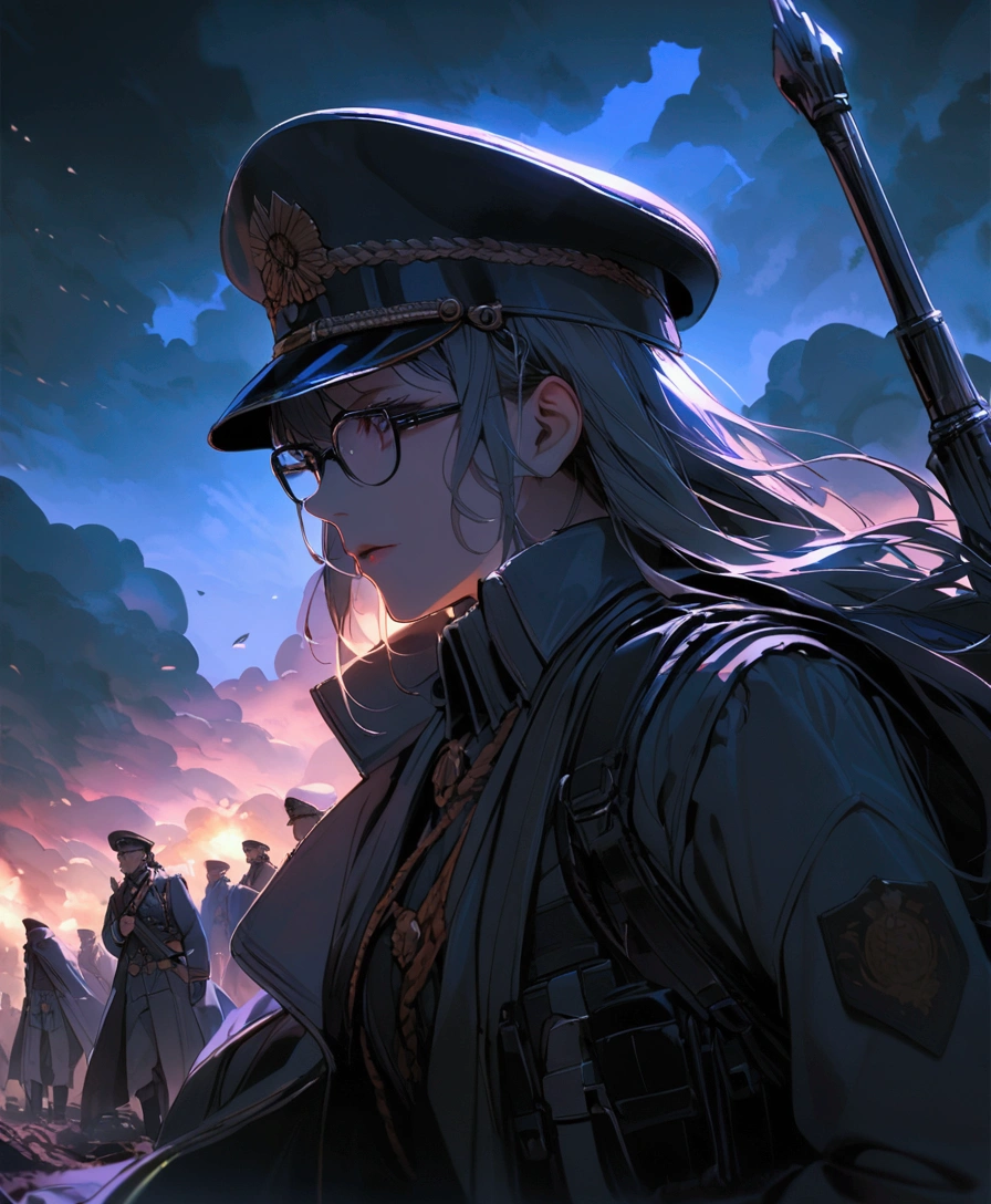 Modest outfit, remote shot, detailed beautiful delicate face, detailed beautiful delicate eyes, perfect facial proportions, high-definition skin, fine skin, four-inch best ratio. With one thumb, a masterpiece, highly detailed, realistic, (World War II German general uniform reference : 1.8), the highest face resolution, adult, modestly dressed woman, dressed entirely, ( small, Black hair, black straight bangs, super detailed double braids, straight bob bangs, red glasses, dark green eyes), future world, science fiction, warship, standing on aircraft carrier, government agency, deep intelligent personality, calm expression, respectful face, war, warplane