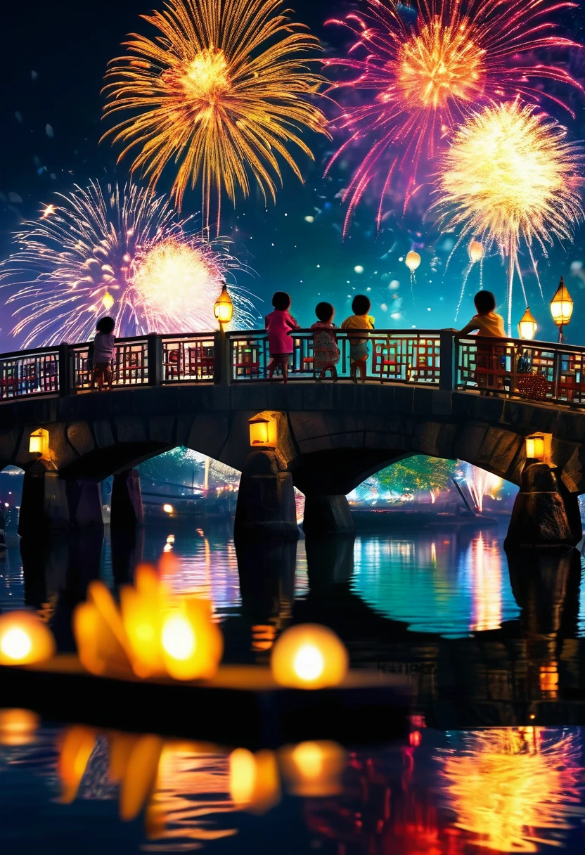 Riverside, Fireworks, On Bridge, Night water surface, Fireworks are reflected, Quiet atmosphere, Water reflection, Lanterns swaying in the wind, Children&#39;s drawings, crayon