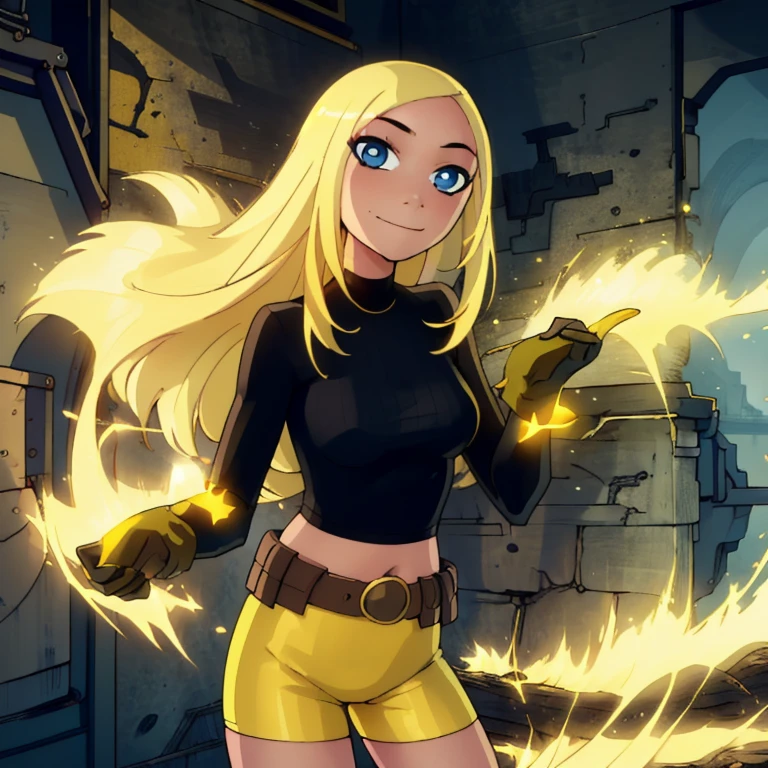 ((masterpiece,best quality)), absurdres, Terra, 1 fat girl, , big fat body, solo, long hair, blonde hair, blue eyes, black shirt, gloves, yellow shorts, midriff, belt, smile, looking at viewer, cowboy shot, Outfit fitted to her big, fat body size,