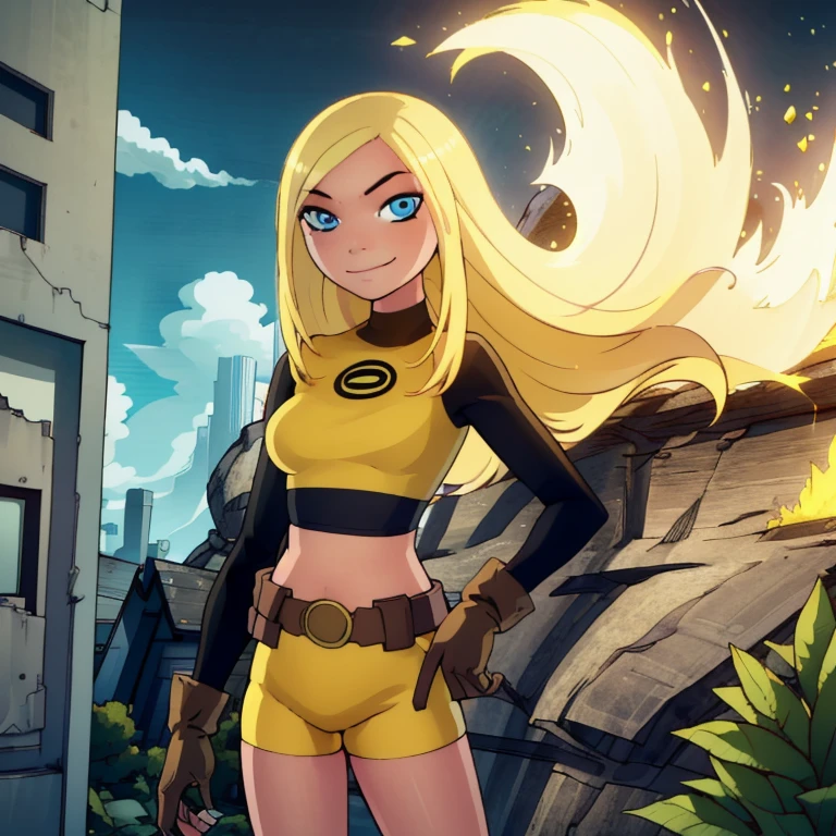 ((masterpiece,best quality)), absurdres, Terra, 1 fat girl, , big fat body, solo, long hair, blonde hair, blue eyes, black shirt, gloves, yellow shorts, midriff, belt, smile, looking at viewer, cowboy shot, Outfit fitted to her big, fat body size,