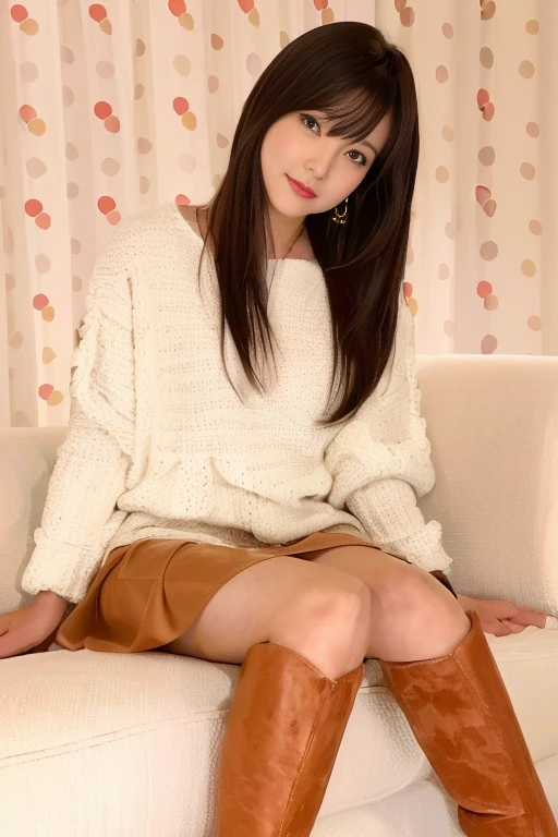 mastepiece, 1 girl per 1 photo, upper body shot, front view, a Japanese young pretty girl, long bob hair, sitting with a big smile on a chair in front of a table in a luxury restaurant in the night, a white jacket over a black turtleneck sweater, black miniskirt, black leather long boots, hyper cute face, glossy lips, double eyelids for both eyes, natural makeup, shiny smooth light brown hair of long bob hair, asymmetrical bangs, high resolution, high detail, detailed hairstyle, detailed face, cinematic lighting, octane rendering, hyper realistic, perfect limbs, perfect anatomy