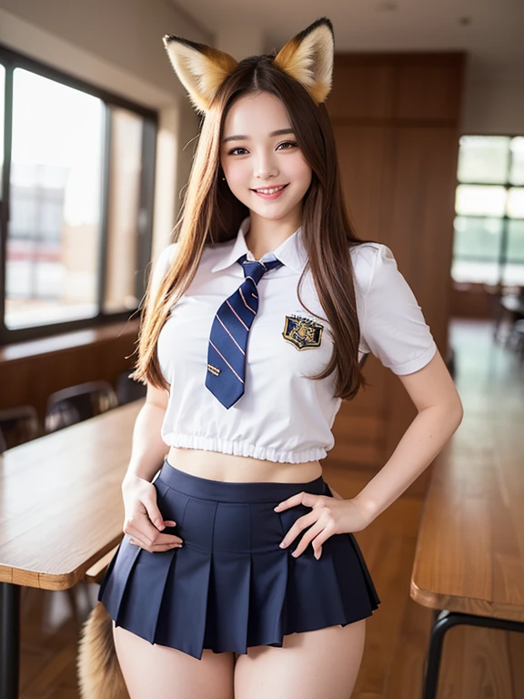 ((Best Quality, 8k)), ((masterpiece)), (Highest Resolution), Perfect Face, Woman with fox ears, Woman with a tail, Beautiful woman, She is a student at school, It was taken at school, Only one tail, She has thick thighs, Her big fox tail, I can see her fox tail, She wags her tail, With collar, She is wearing a high school uniform, Big Hips , Her fox tail is sticking out, Her tail is fox-colored, Smiling with teeth showing