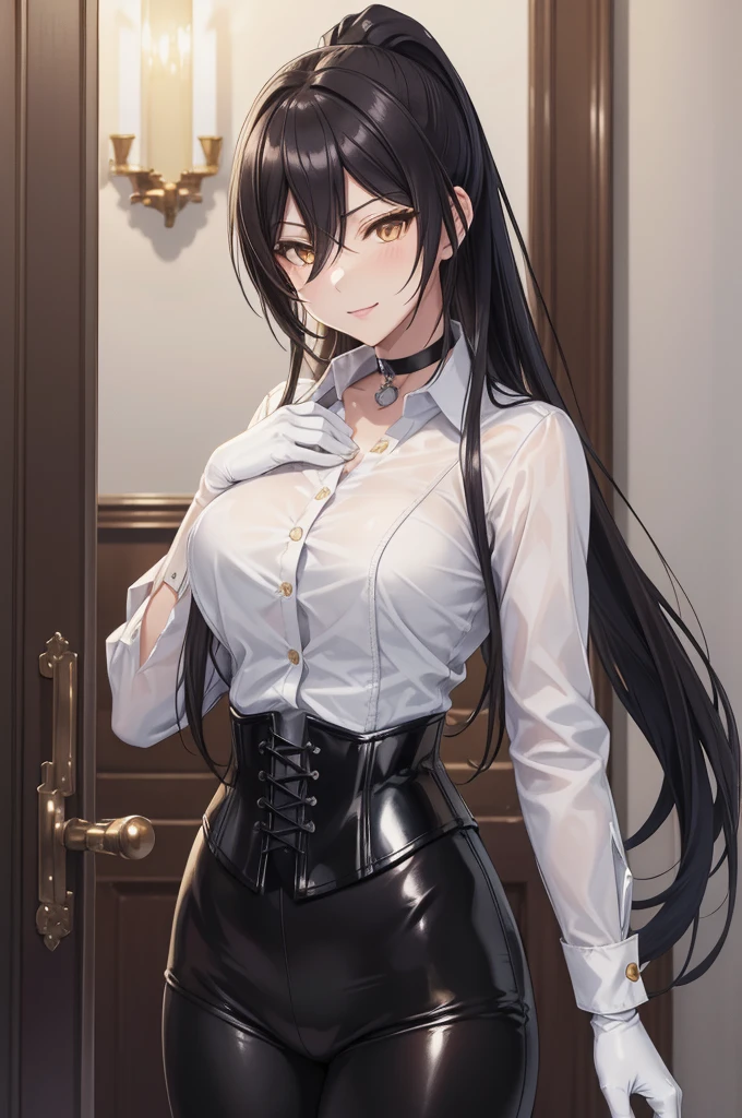 Sakuya Shirase, Sakuya Shirase first, long black ponytail hair, masterpiece, The best quality, high resolution, beautiful detailed eyes, amber yellow eyes, extremely detailed face, good lighting, Detailed CG, 1 woman, standing, View from the front,  blush, smug expression. show smile, shiny lips, choker:1.6, ((White collar button-down shirt with white long sleeves)), black gloves, gloves that cover the hands, (black leather corset), (Black shiny leggings), elegant dining room, mansion, night, neon lights