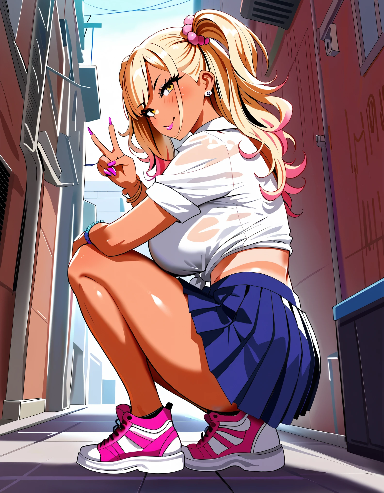 (nsfw),masterpiece,ultra detailed,sharp focus,4k digital art,high resolution,female holding skirt,(standing at crowded street,outdoor),(aroused:1.5),(off-the -shoulder dress,necklace),(blonde hair,medium straight hair),(sweaty:1.2),(tanned skin:1.3),grinning,(trembling,flying heart-shapes:1.2),drooling,heart shaped pupils,skirt lifted,(dildo in pussy),plump female