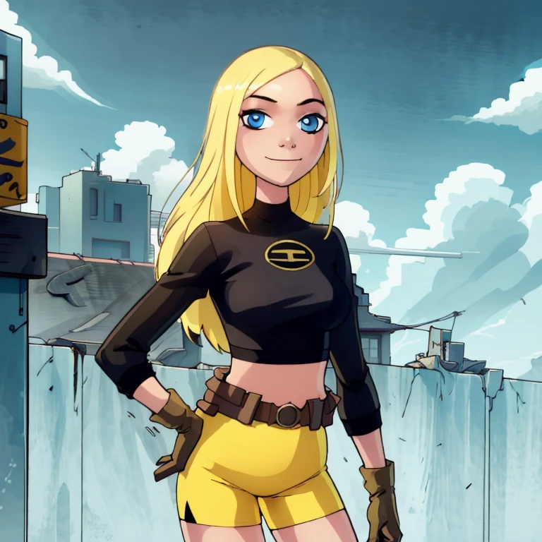 ((masterpiece,best quality)), absurdres, Terra, 1 fat girl, , big fat body, solo, long hair, blonde hair, blue eyes, black shirt, gloves, yellow shorts, midriff, belt, smile, looking at viewer, cowboy shot, Outfit fitted to her big, fat body size,