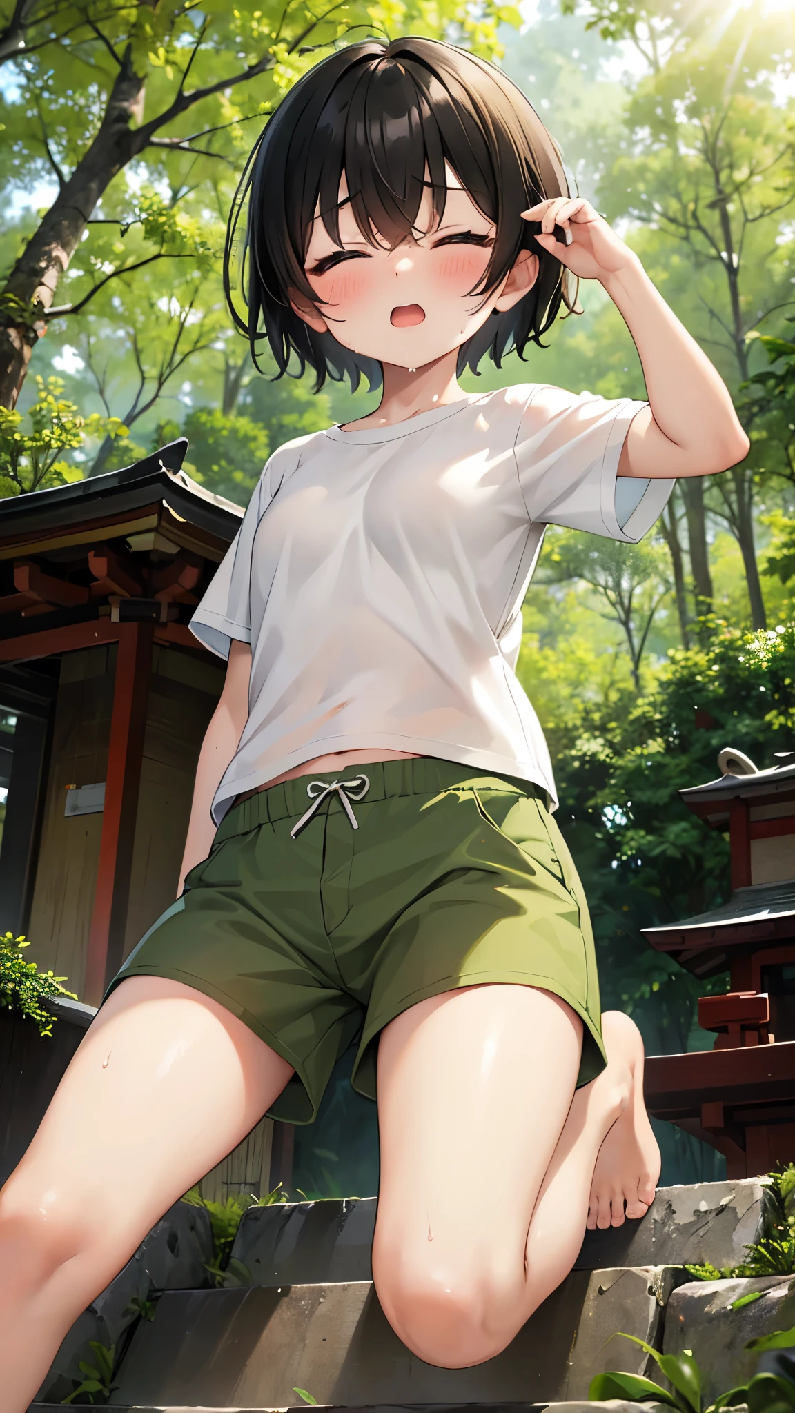 shrine,Are standing,close your eyes,1. small ,short hair,Black Hair,blush,White T-shirt,Olive green shorts,barefoot,White skin,summer,From below,shy,Sweat,sun,Wet,hot,