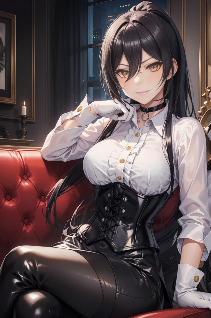 Sakuya Shirase, Sakuya Shirase first, long black ponytail hair, masterpiece, The best quality, high resolution, beautiful detailed eyes, amber yellow eyes, extremely detailed face, good lighting, Detailed CG, 1 woman, sitting on a sofa, View from the front,  blush, smug expression. show smile, shiny lips, choker:1.6, ((White collar button-down shirt with white long sleeves)), black gloves, gloves that cover the hands, (black leather corset), (Black shiny leggings), elegant dining room, mansion, night, neon lights